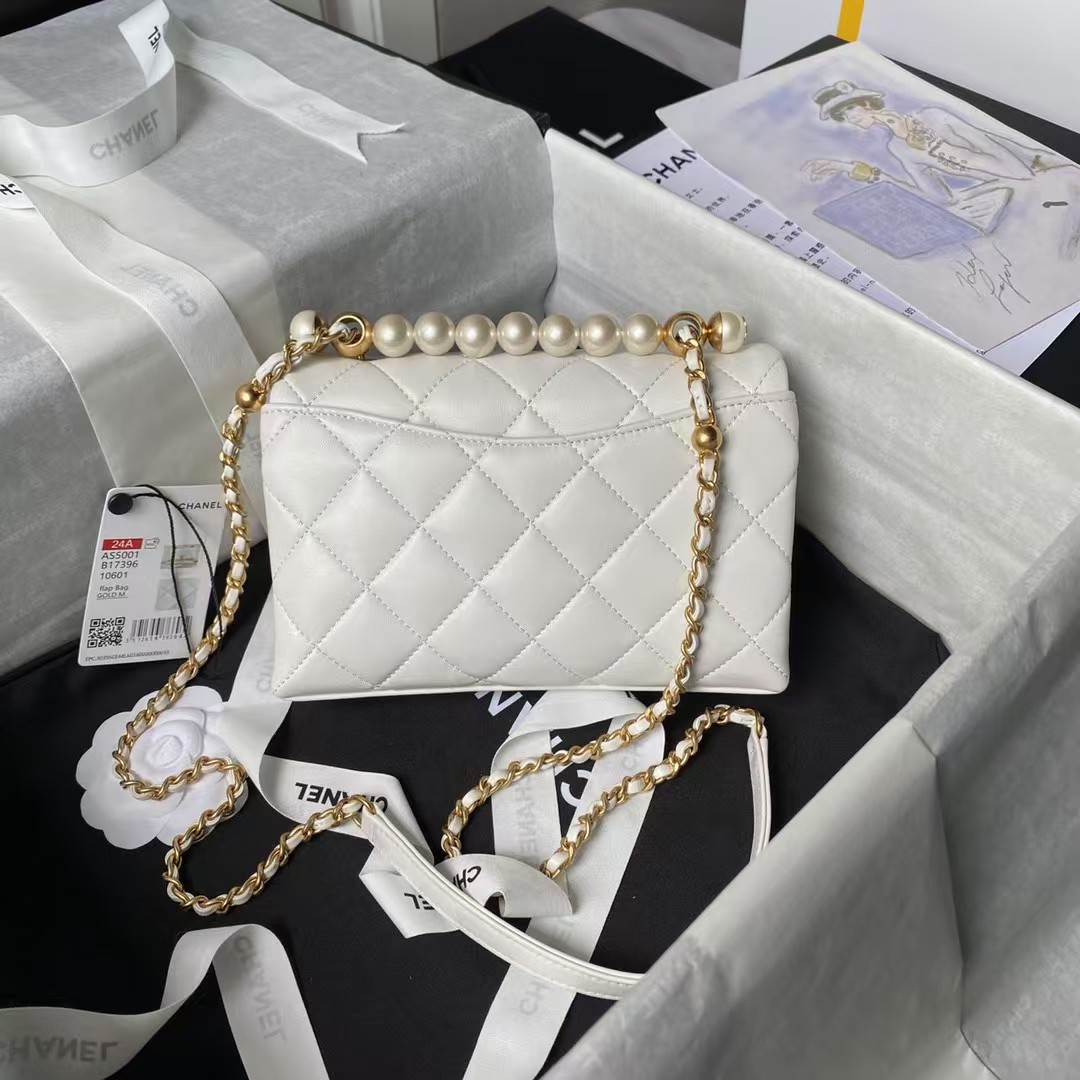 Replicate Chanel AS5001 Mini Flap Bag Top Handle Shiny Lambskin Imitation Pearl   Gold Metal White(1:1 replica)