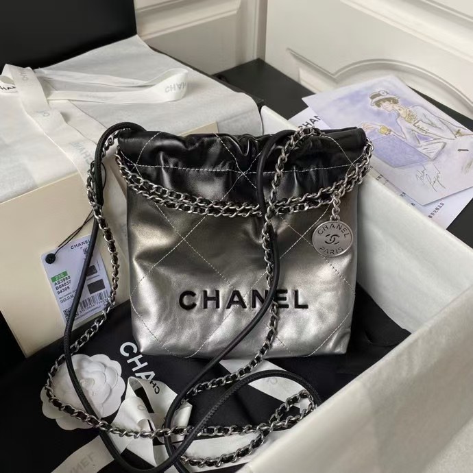 Replicate Chanel 22 AS3980 Mini Tote Shiny Calfskin   Silver Metal Silver Black(1:1 replica)