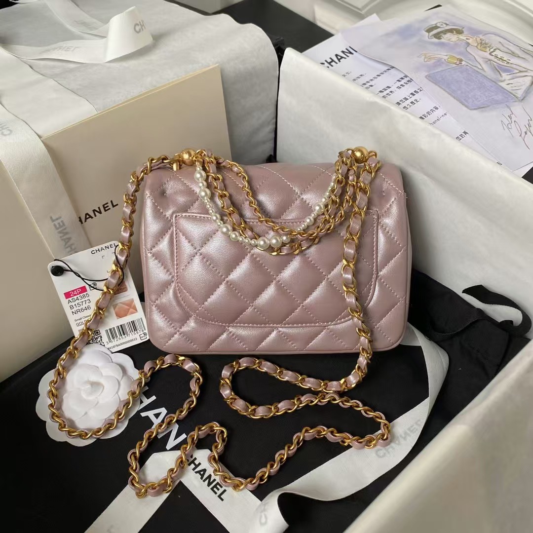 Replicate Chanel AS4385 Mini Flap Bag Pearl Lambskin Faux Pearl   Gold Metal Pink Iridescent(1:1 replica)