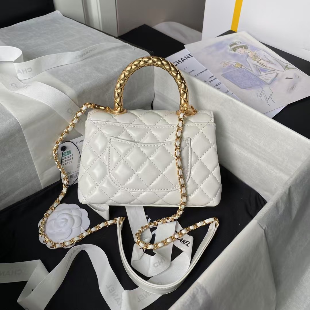 Replicate Chanel AS2215 Mini Flap Bag With Metal Top Handle Shiny Calfskin White(1:1 replica)