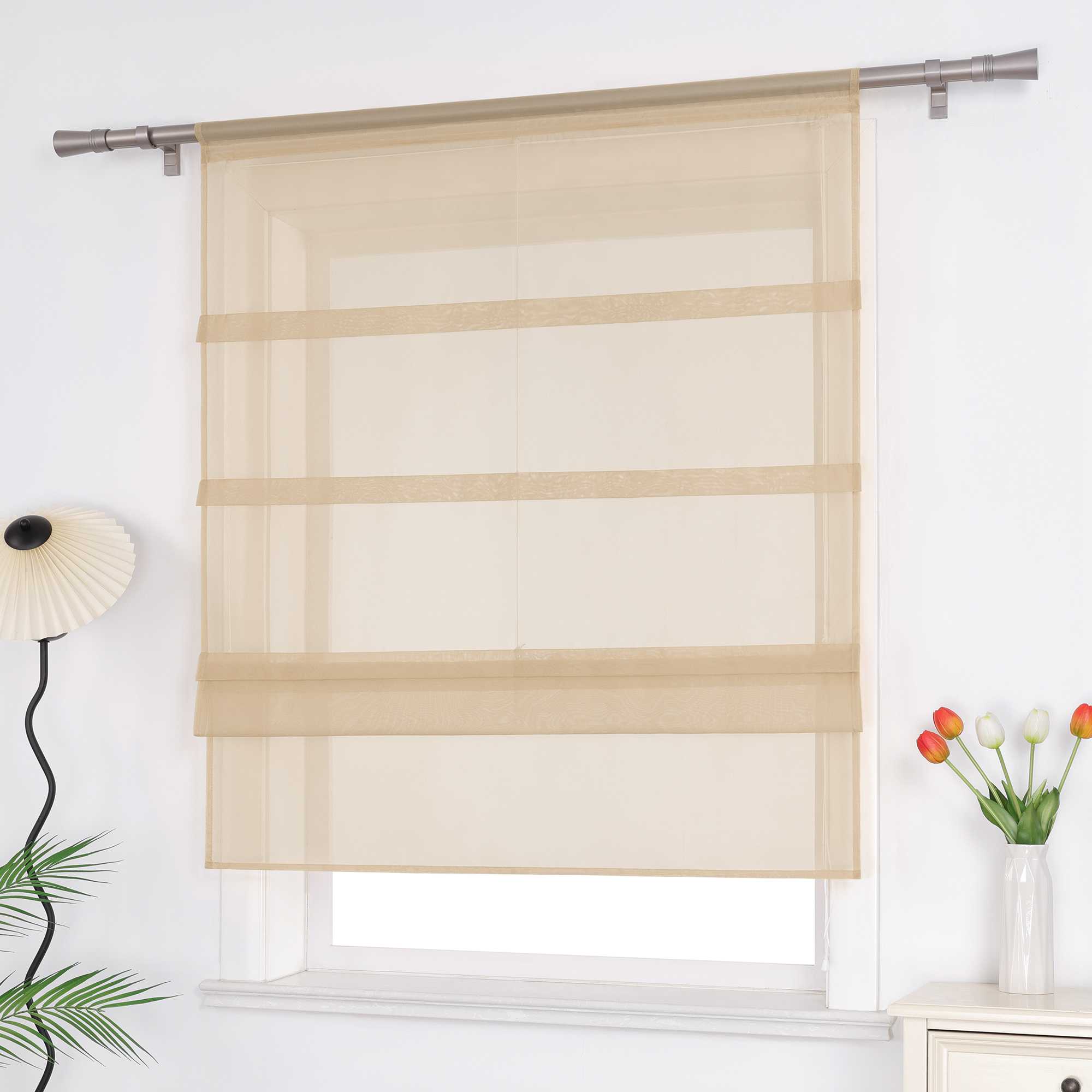 Raffrollo Voile Raffgardinen durch Tunnelzug Bändchenrollo Küche Gardinen Transparent Uni 1 Stück