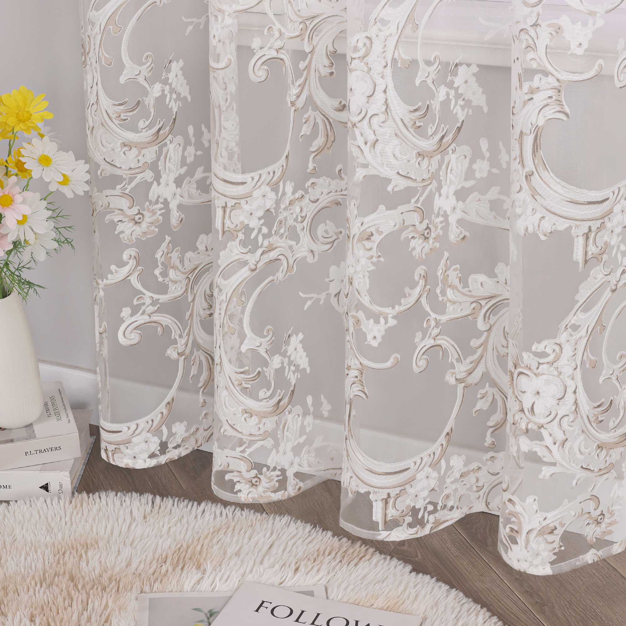 Eleganter Ösenschal mit Phönixblütenmuster | Transparente Voile Gardine für Schlafzimmer und Wohnzimmer