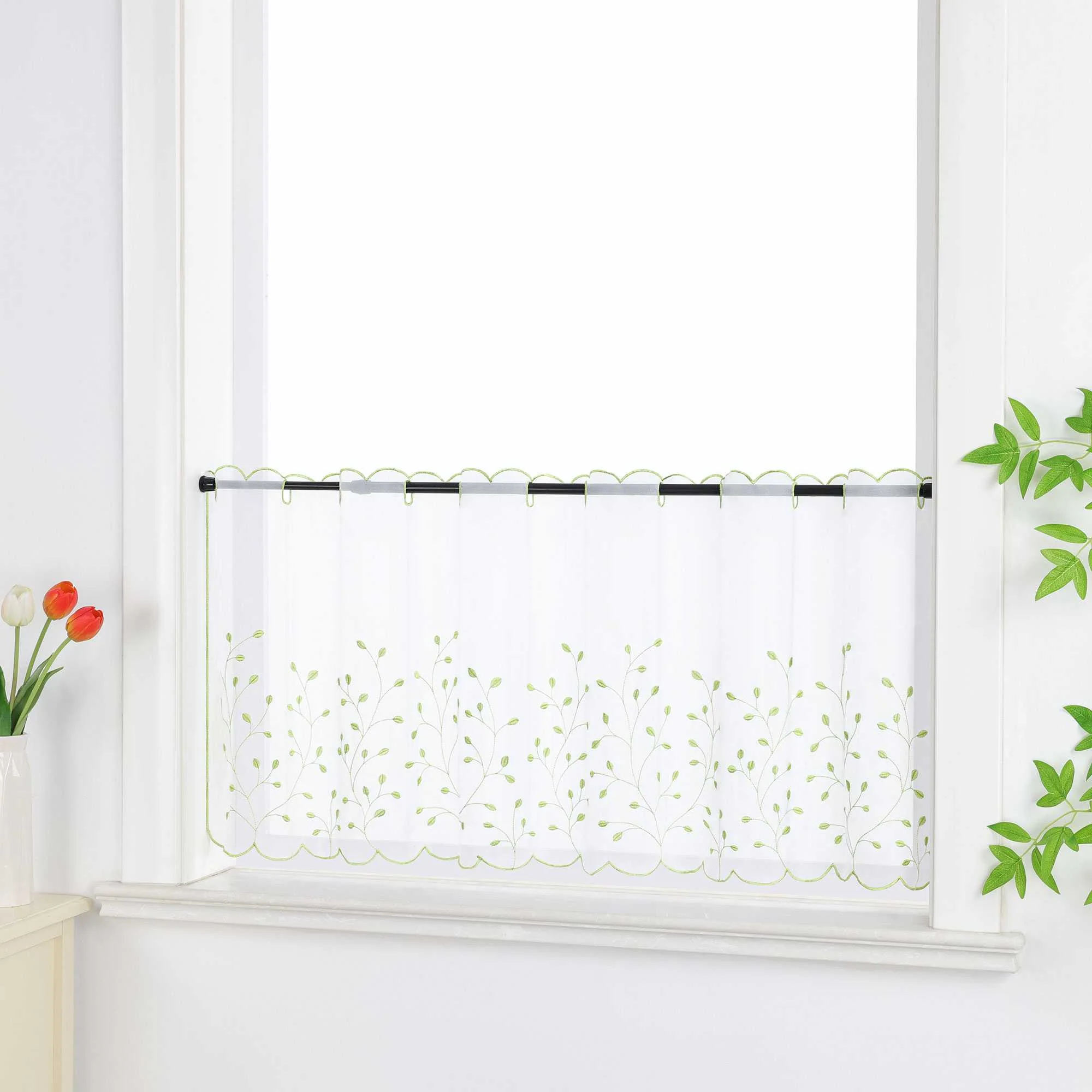 Scheibengardine mit Blumenstickerei Modern Voile Bistrogardine mit Lochleiste Unifarbige Kurzstores Landhausstil Transparent 1 Stück