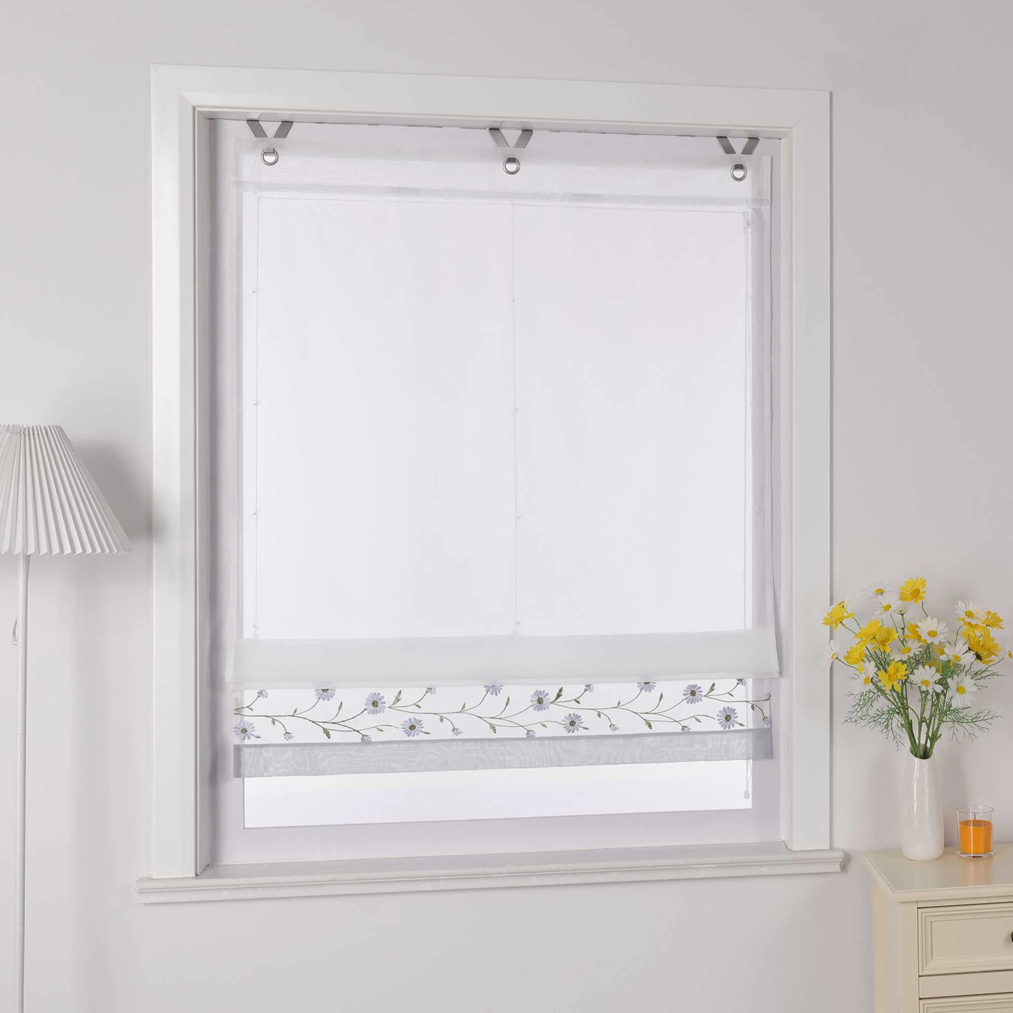 Raffrollo Voile Raffgardinen mit Schlaufen Küche Fenster Vorhänge mit Blumenmuster Stickerei Transparent Weiß 1 Stück
