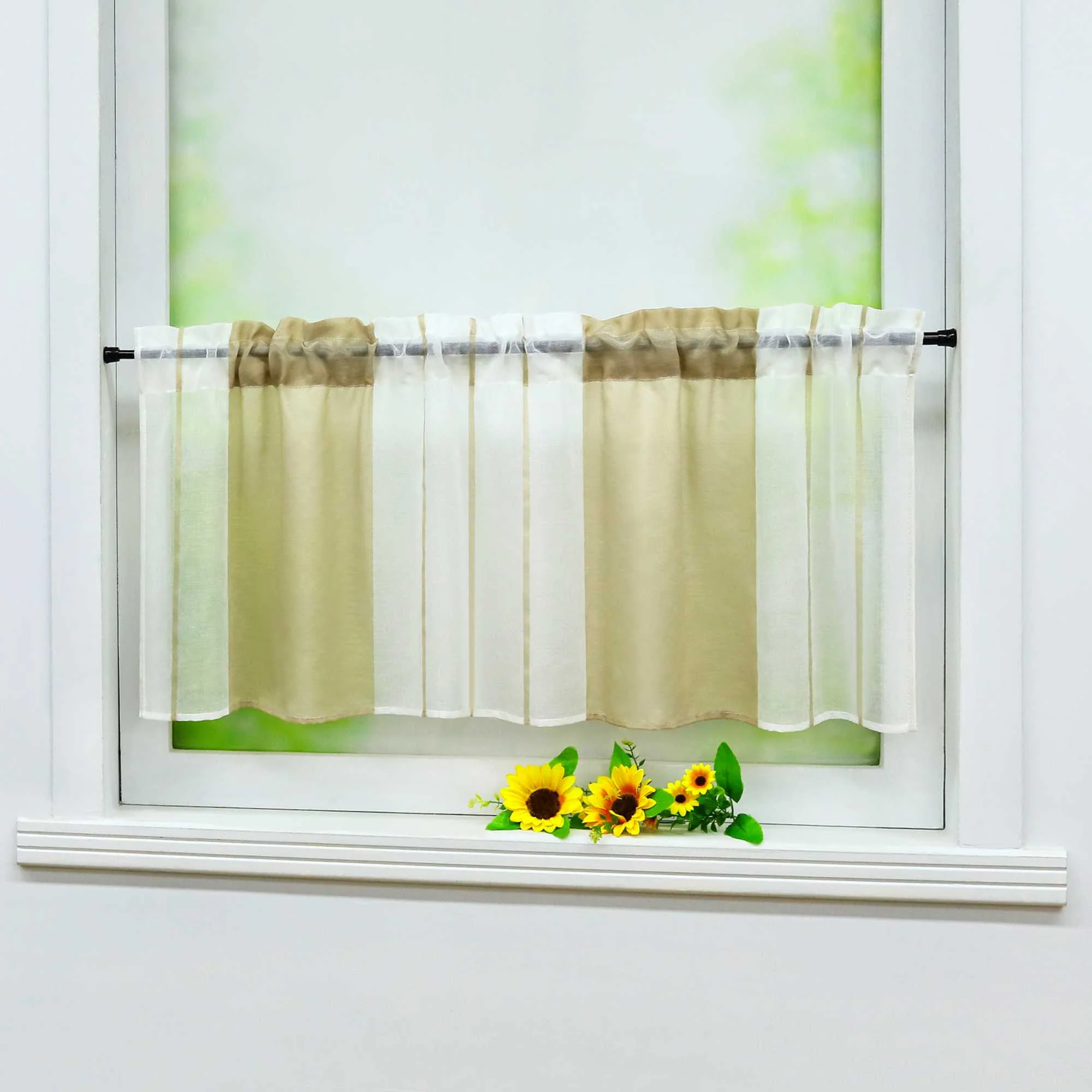 Scheibengardine durch Stangendurchzug zusammenziehbar weiße Streifenmuster halbtransparent 1 Stück