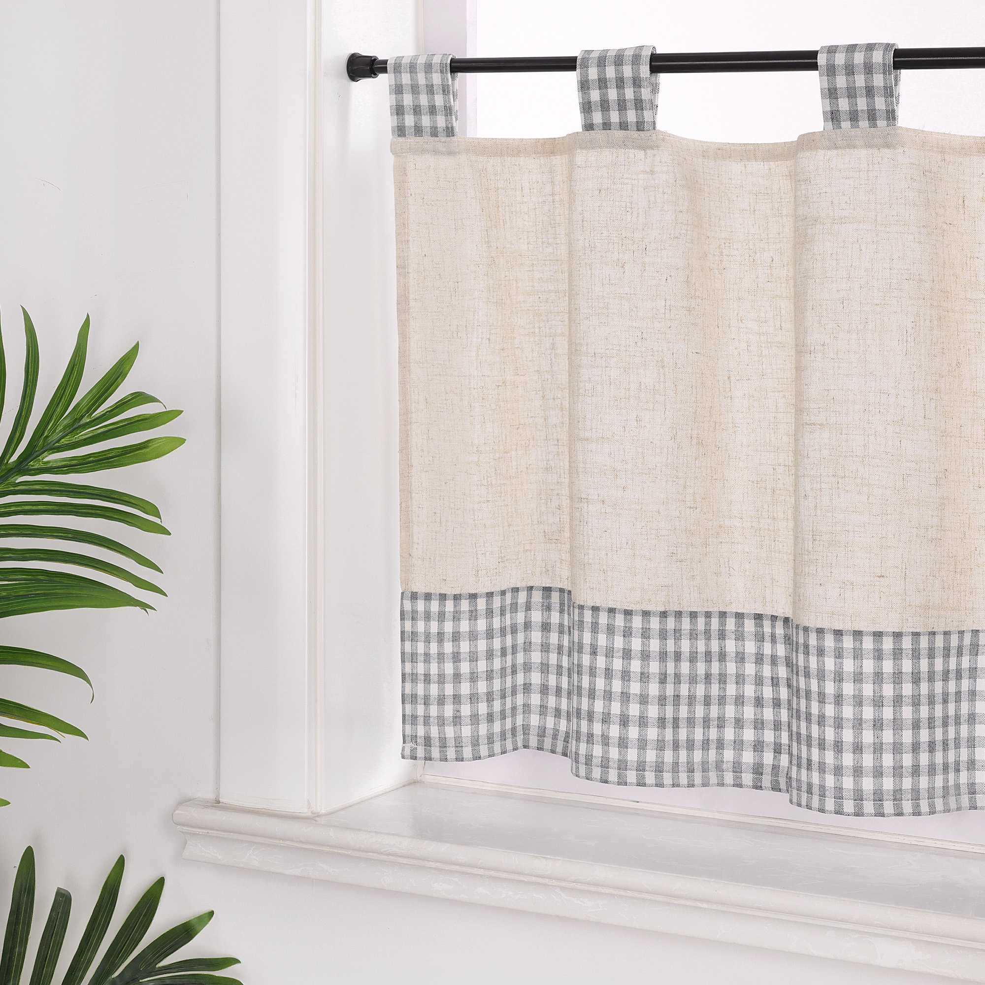 Scheibengardine mit Schlaufen karierte Bistrogardinen Leinen Küche Vorhang Halbtransparent