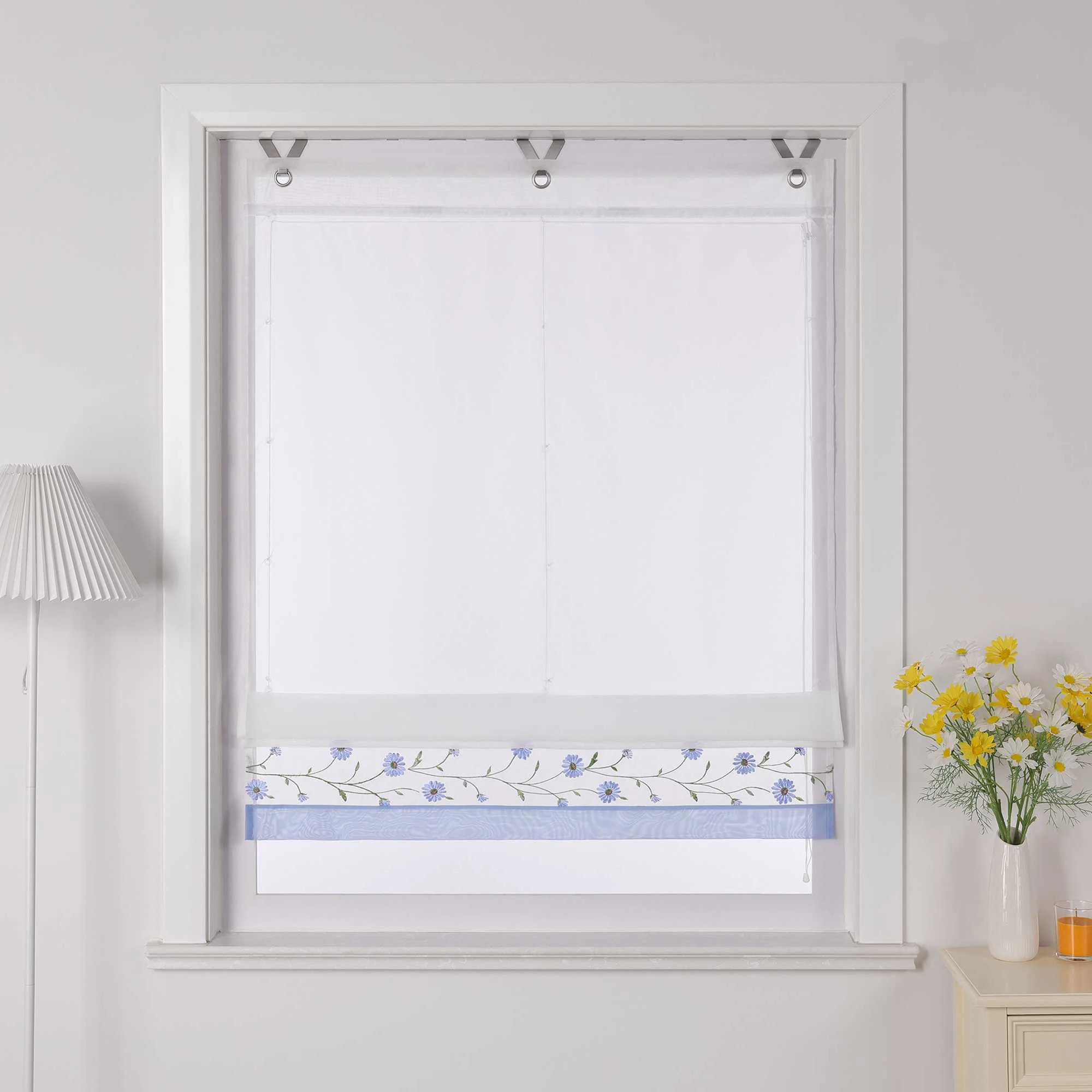 Raffrollo Voile Raffgardinen mit Schlaufen Küche Fenster Vorhänge mit Blumenmuster Stickerei Transparent Weiß 1 Stück