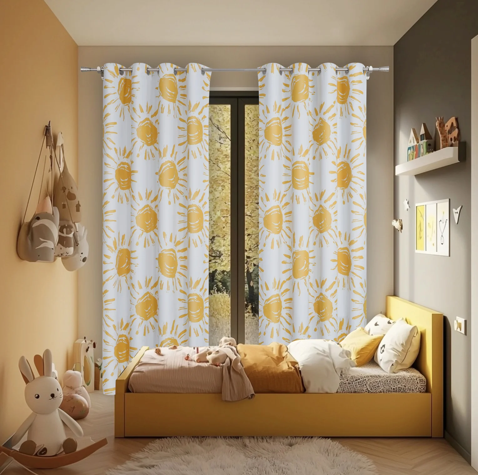 Verdunkelungsvorhänge Ösenschal Blickdichte Gardinen Thermovorhang Vorhang mit Sonnenmotiven für Schlafzimmer Wohnzimmer Gelb 1 Stück