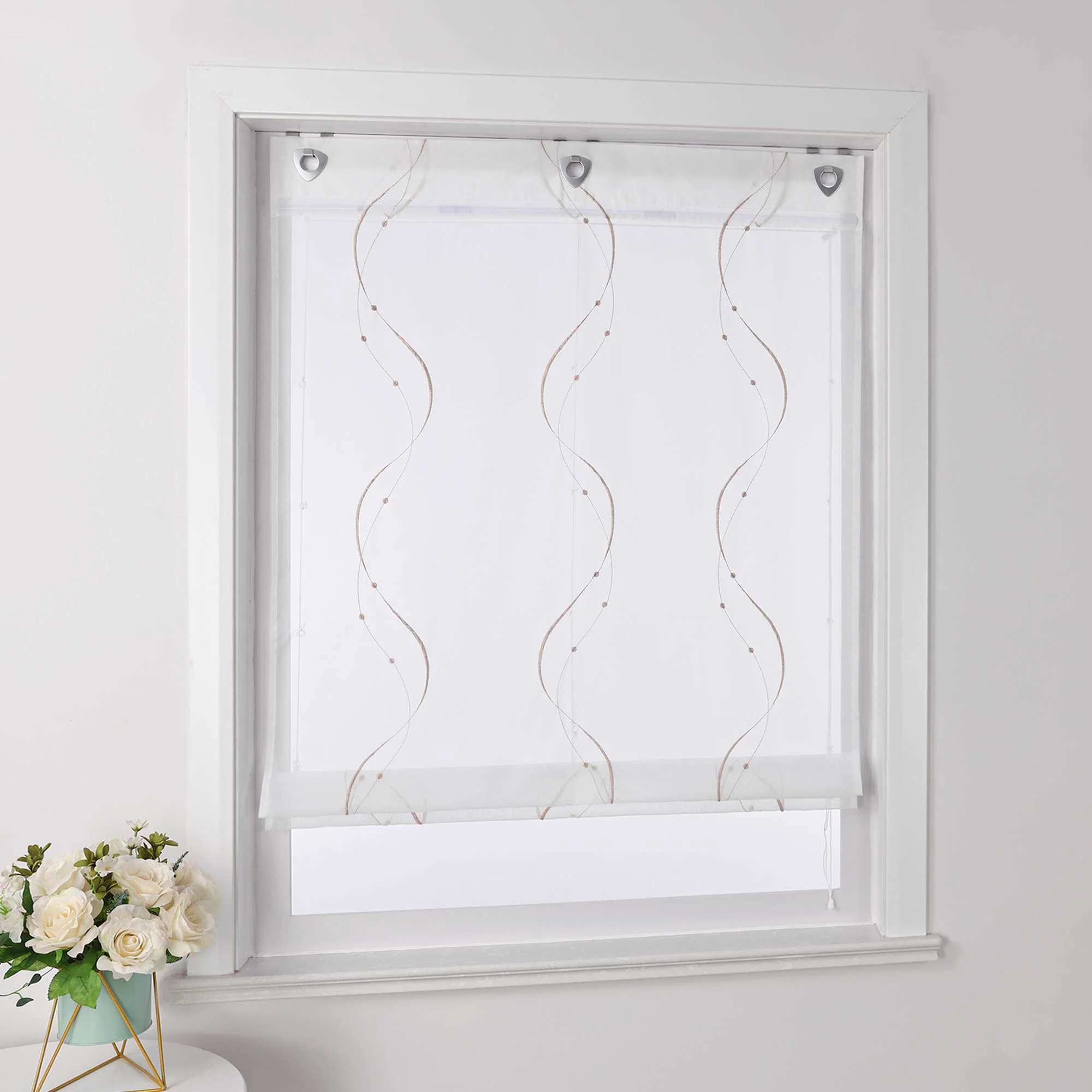 Rollos ohne Bohren Weiß Raffgardine mit Ösen Transparent Gardinen mit U-Haken Ösenrollo Modern Bestickt 1 Stück