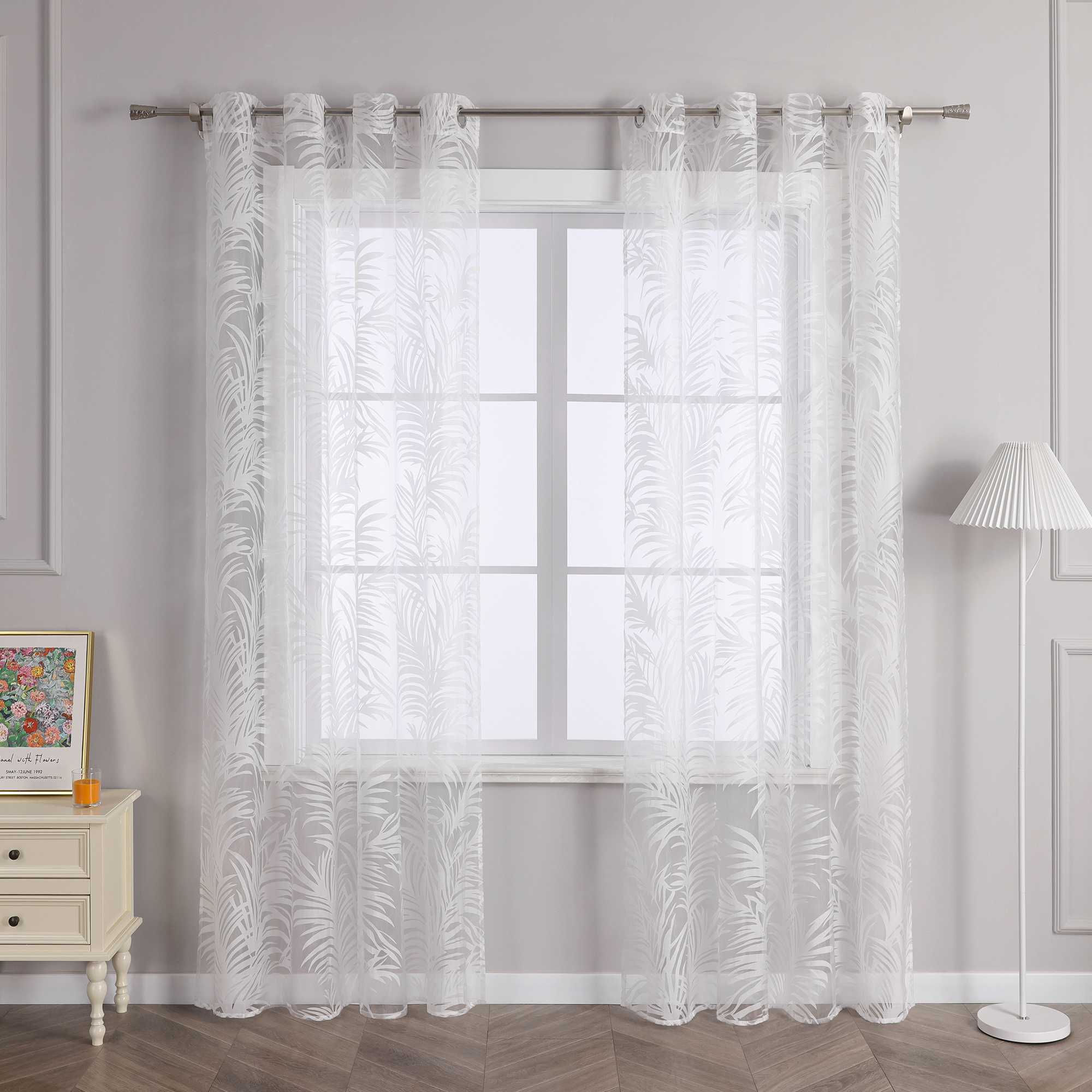 Voile Gardine in Ausbrenner mit Blätter Muster transparenter Vorhang Unifarbiges Schals Wohnzimmer Fensterschal 1 Stück