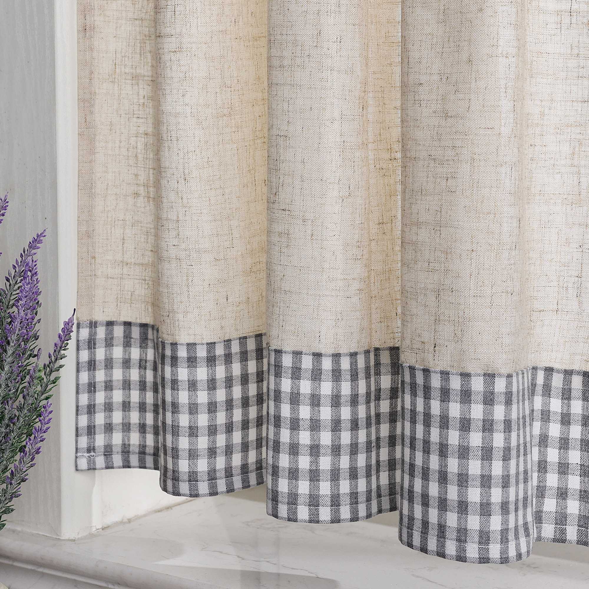 Scheibengardine Kräuselbandgardine unten mit blauem Karomuster aus Leinenimitat halbtransparent 2er Set