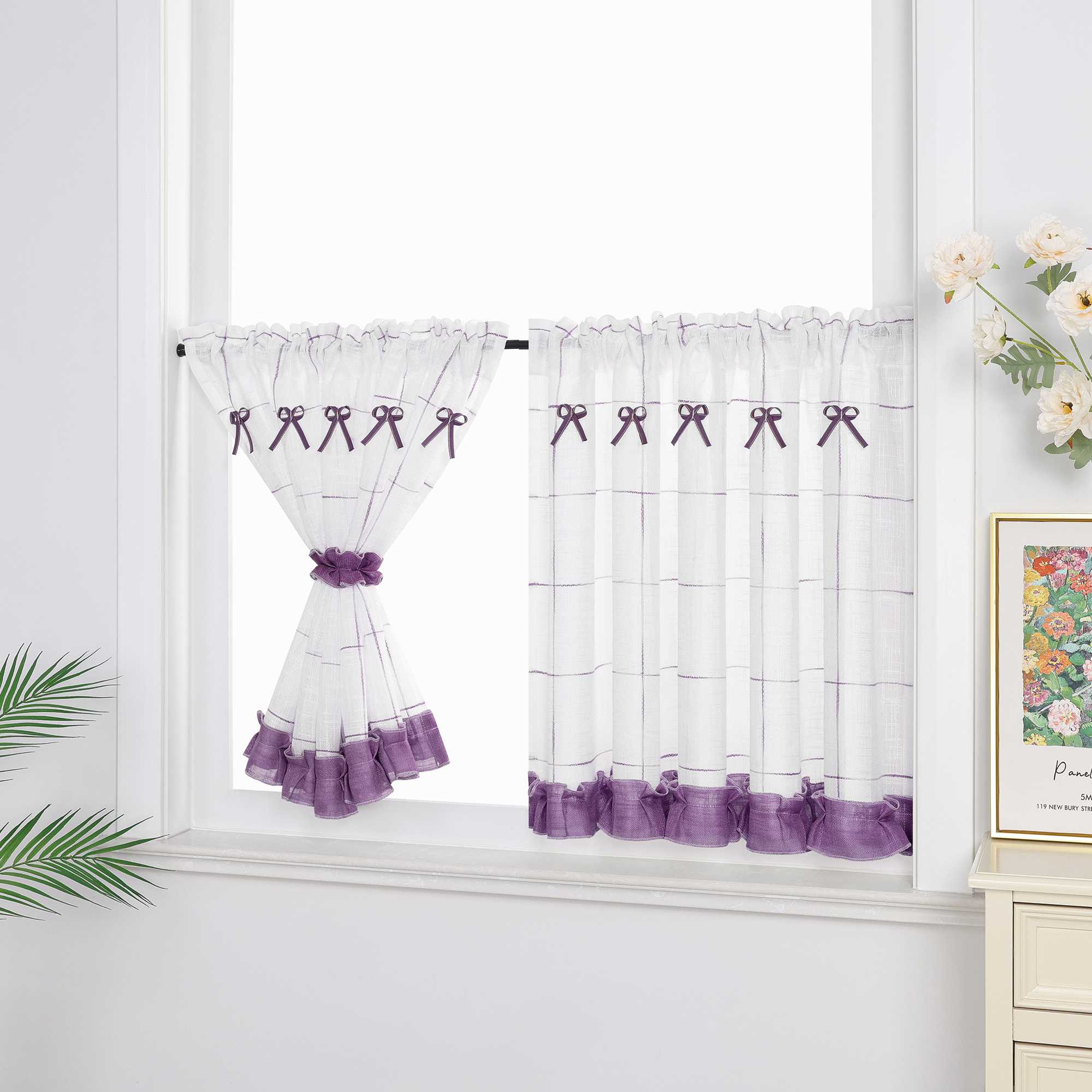 Halbtransparente Scheibengardine Landhausstil aus Leinen mit Schleifen 1 stück