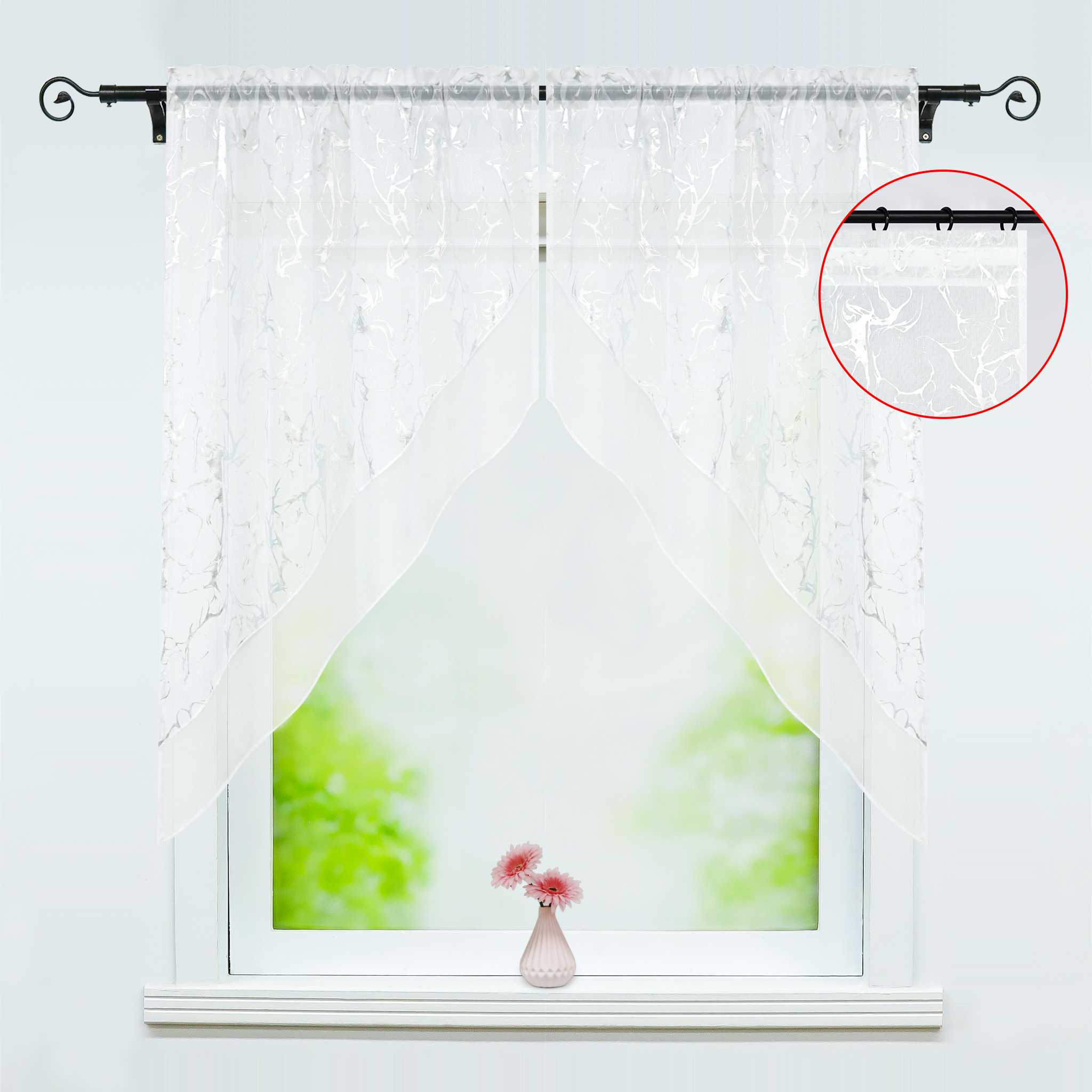 Scheibengardine durch Stangendurchzug doppelschichtige Küchengardinen mit silbernem Marmormuster 2er Set
