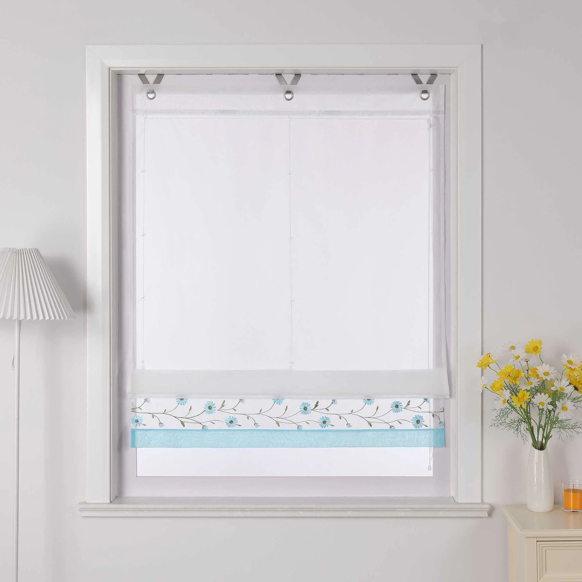 Raffrollo Voile Raffgardinen mit Schlaufen Küche Fenster Vorhänge mit Blumenmuster Stickerei Transparent Weiß 1 Stück