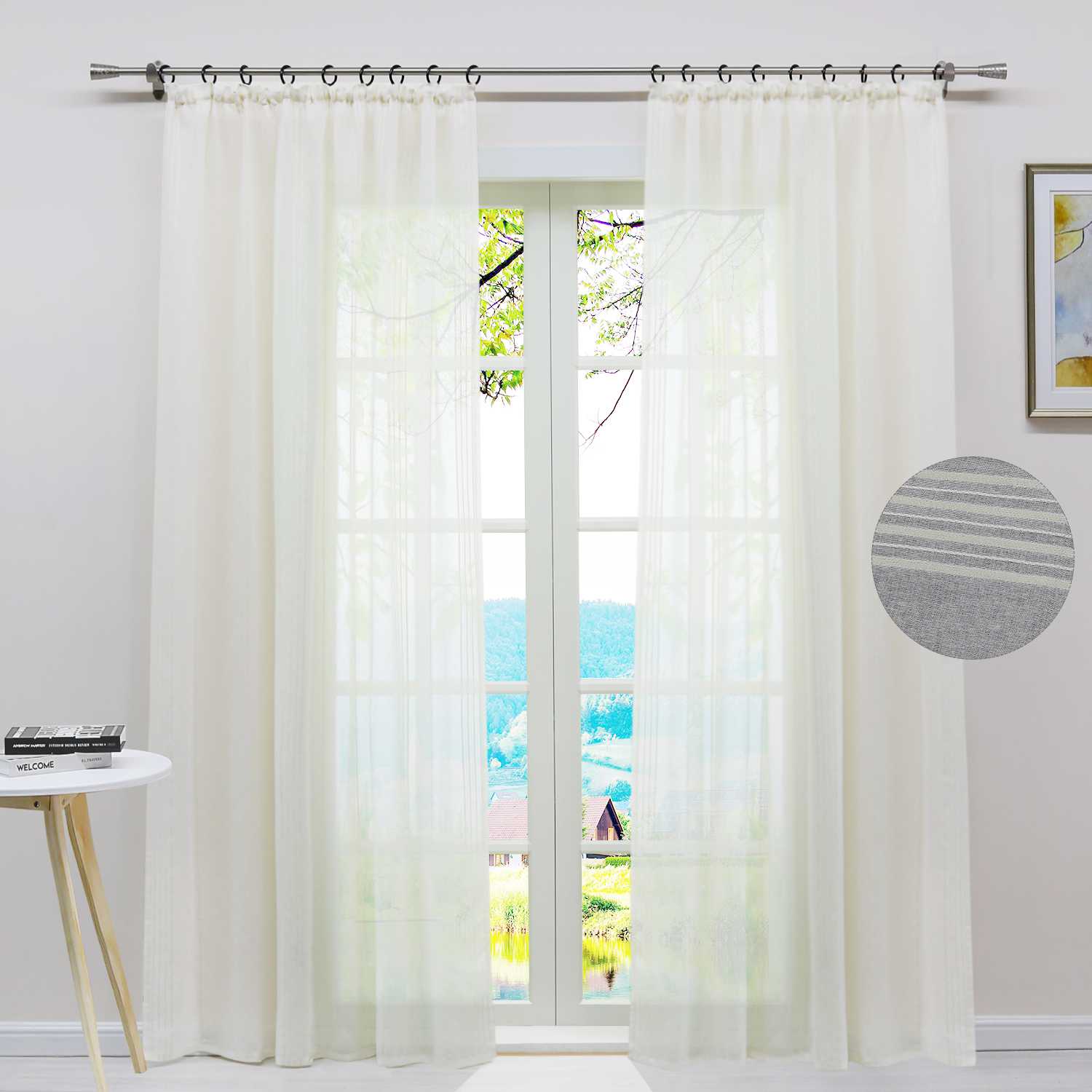 Vorhang 2er Set Voile Gardinen mit vertikalen Streifen Modern Transparent Schlafzimmer Wohnzimmer 2 Stück
