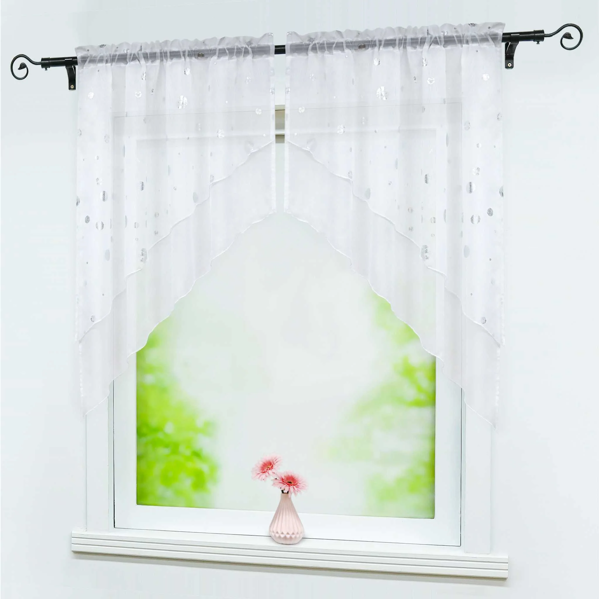 Scheibengardine 2-Teilige Doppelschichtige Küchengardinen Voile Bogen Kurzstores mit Glänz Kreise Tunnelzug