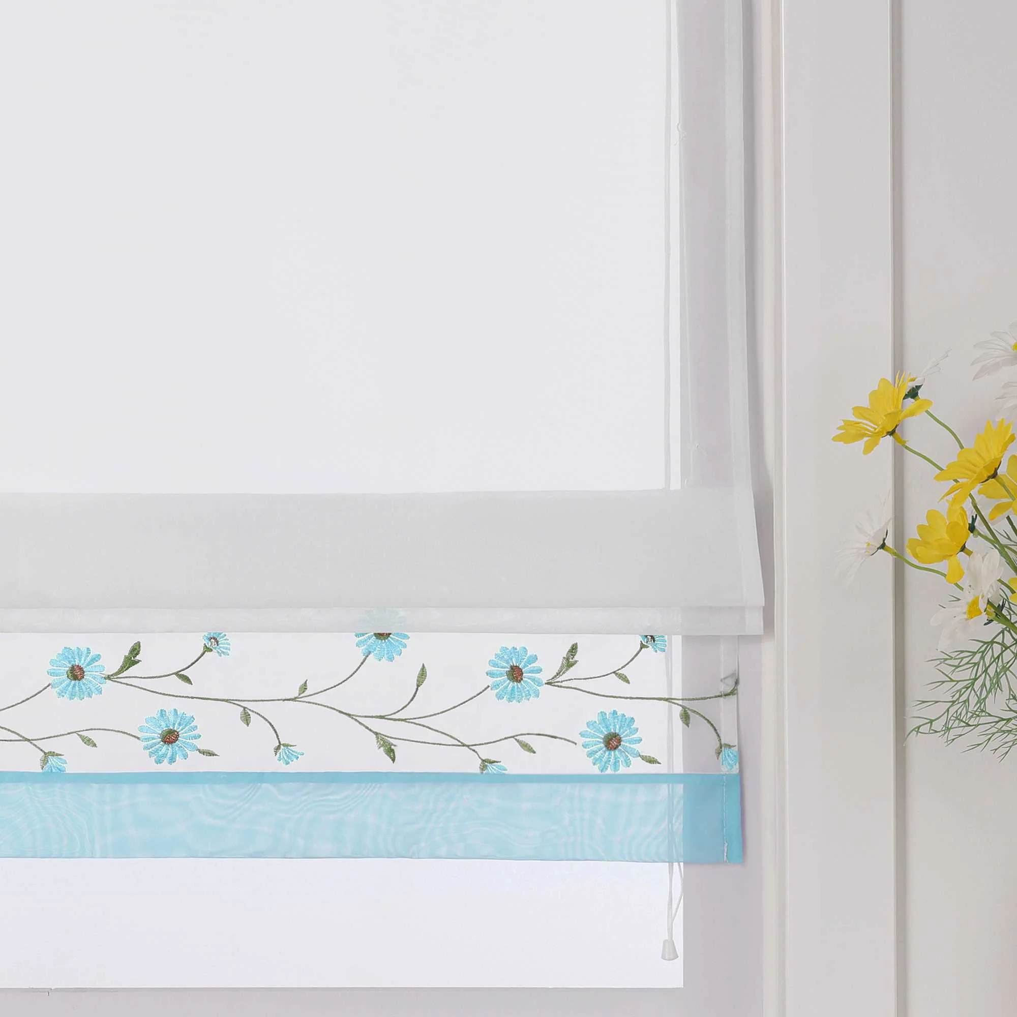 Raffrollo Voile Raffgardinen mit Schlaufen Küche Fenster Vorhänge mit Blumenmuster Stickerei Transparent Weiß 1 Stück