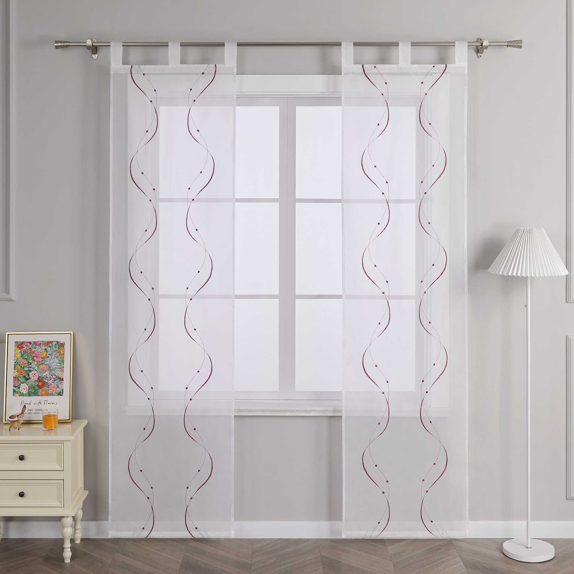 Schiebegardinen mit Schlaufen 2er Flächenvorhänge Schiebevorhang mit Wellenperlenmuster Stickerei Transparent