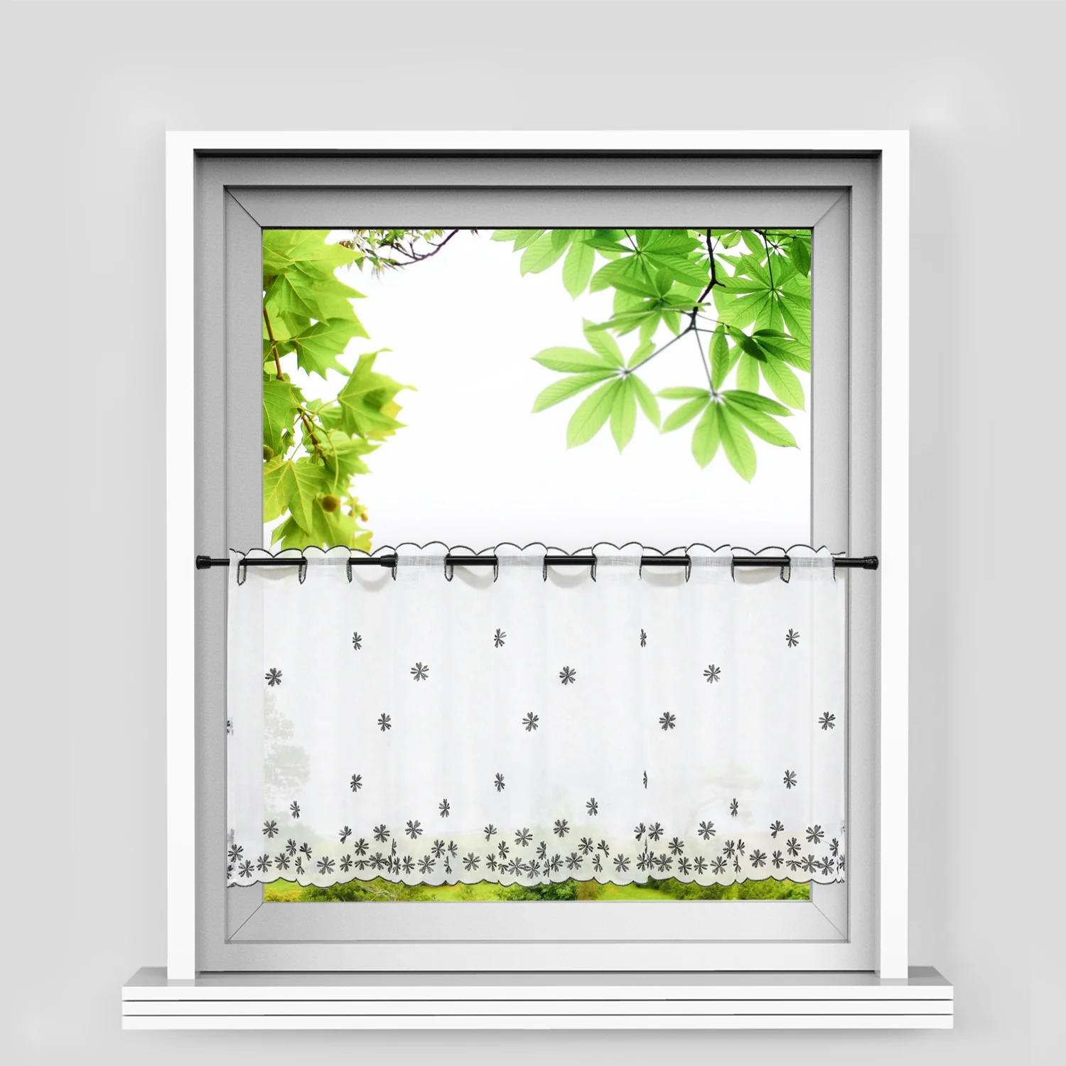 Scheibengardinen mit kleinen Blumenmuster Stickerei im Landhausstil