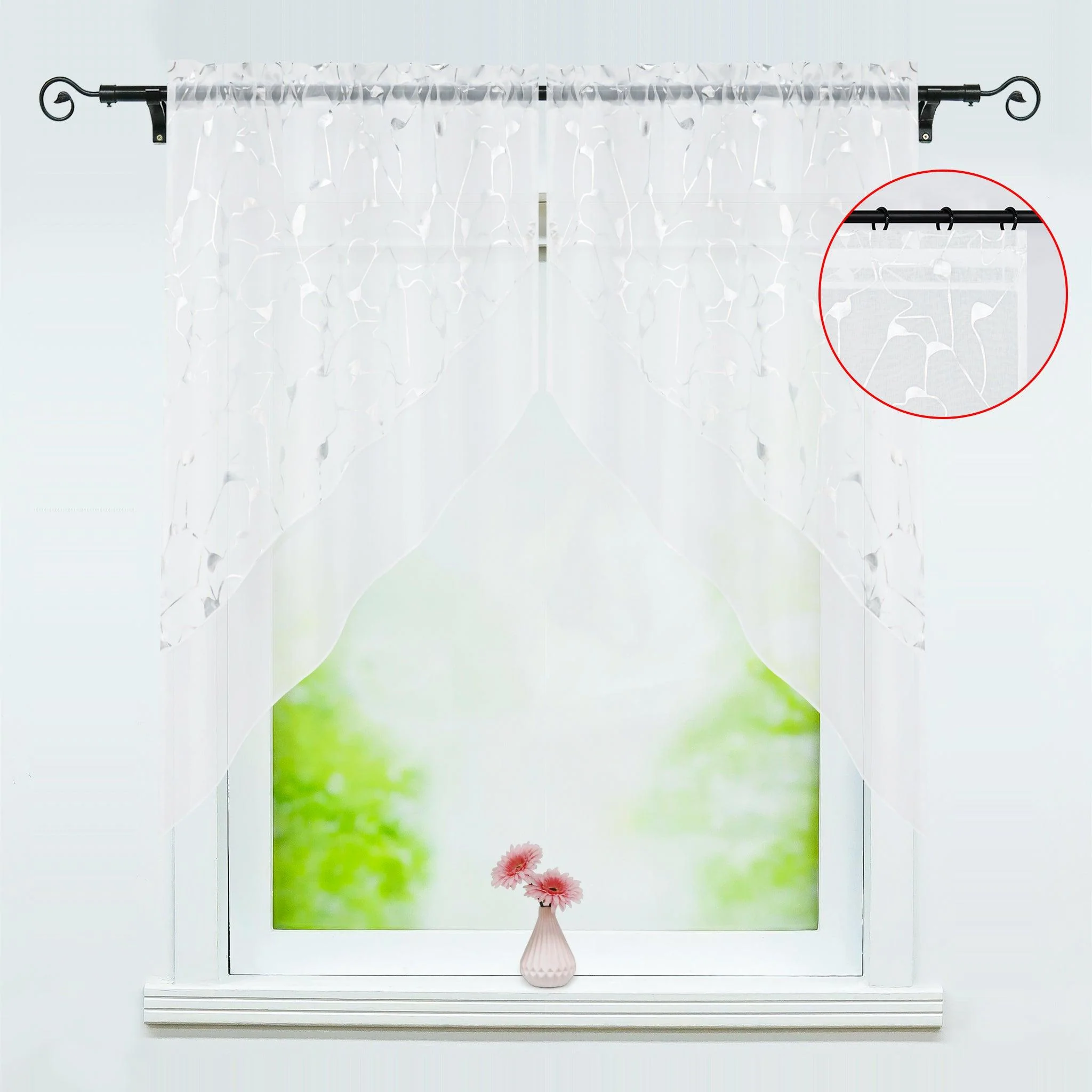Scheibengardine durch Stangendurchzug doppelschichtige Küchengardinen mit silbernem Strukturdruck 2er Set