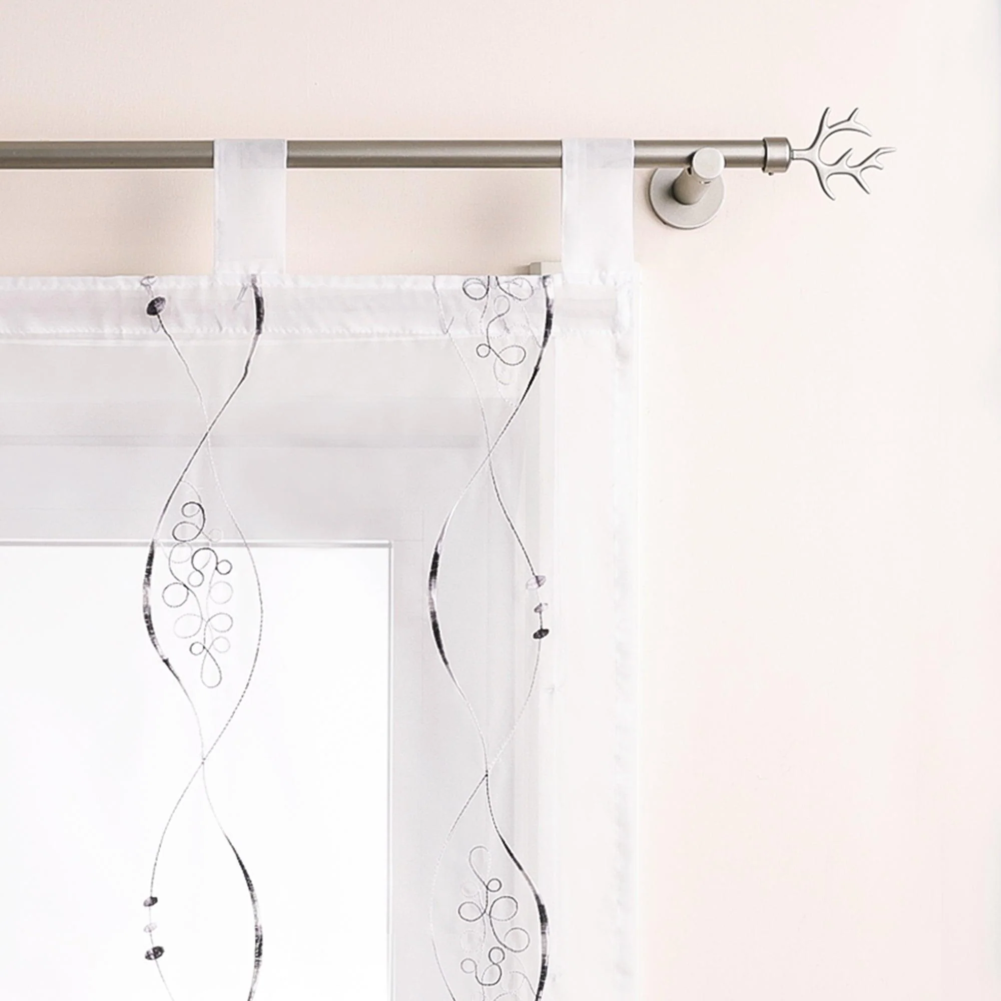 Raffrollo mit Schlaufen Voile Raffgardinen Modern Bestickt Vorhänge Bändchenrollo mit Linienmuster-Stickerei Transparent Weiß 1 Stück