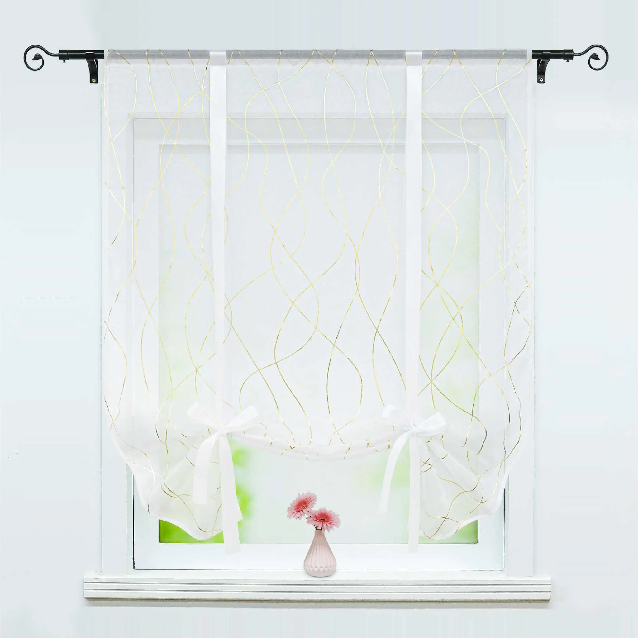 Raffrollo Voile Raffgardinen mit Wellenstreifen durch Tunnelzug Satinband Halbtransparent