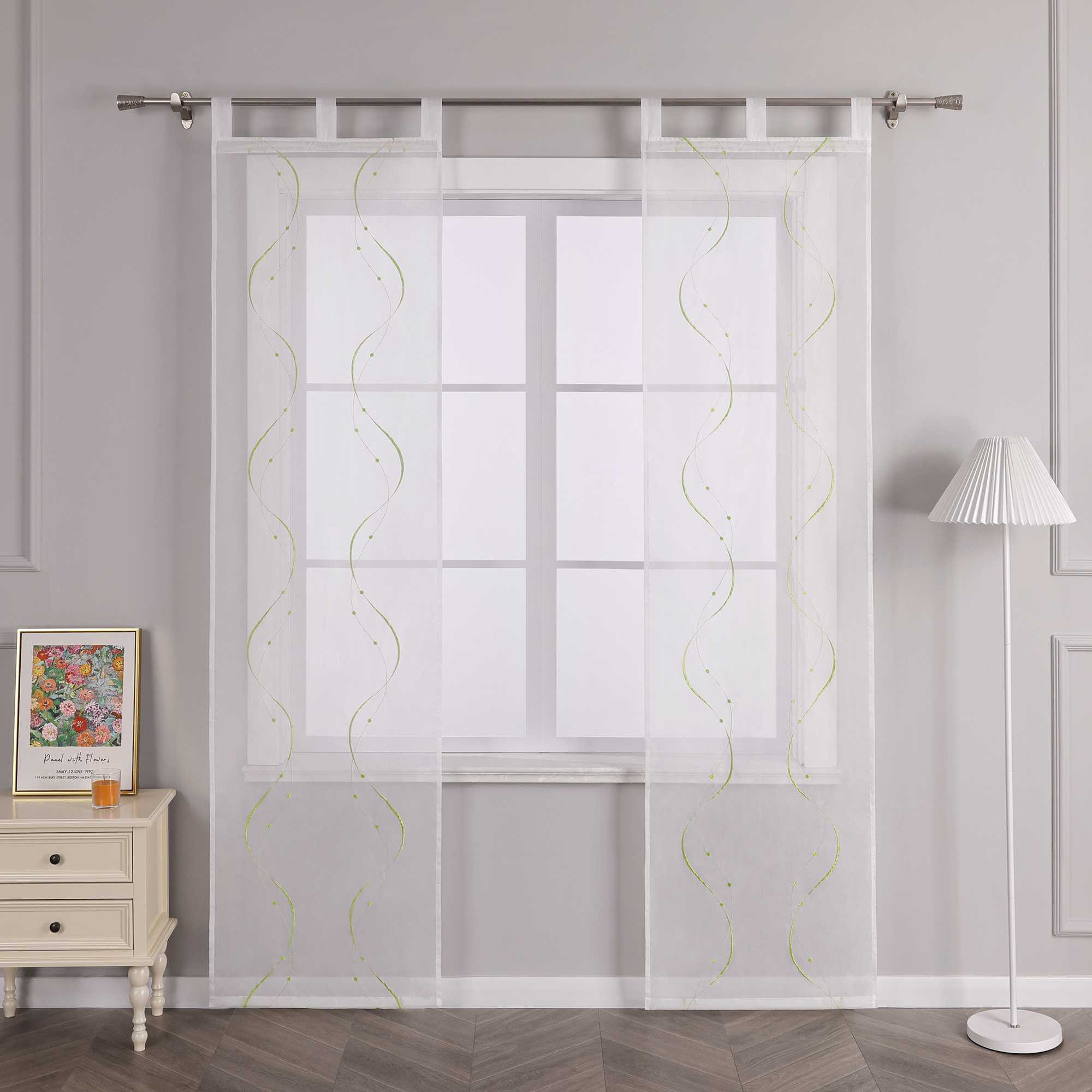 Schiebegardinen mit Schlaufen 2er Flächenvorhänge Schiebevorhang mit Wellenperlenmuster Stickerei Transparent