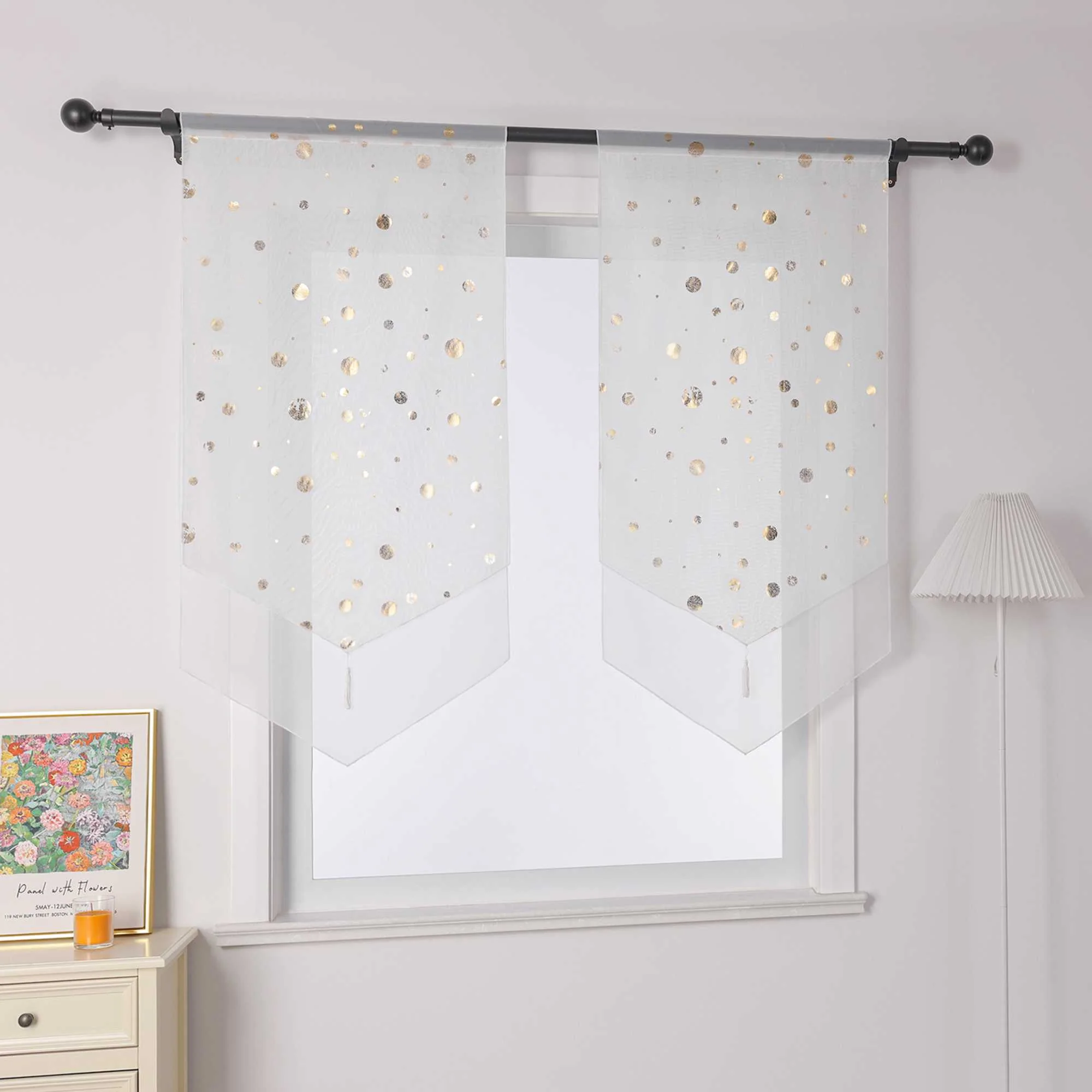 Scheibengardine Bistrogardine mit Glänz Kreise Voile Küche Gardinen durch Stangendurchzug Transparent 1 Stück