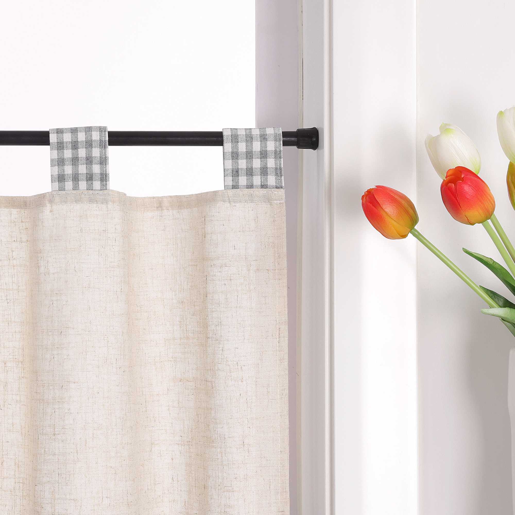 Scheibengardine mit Schlaufen karierte Bistrogardinen Leinen Küche Vorhang Halbtransparent