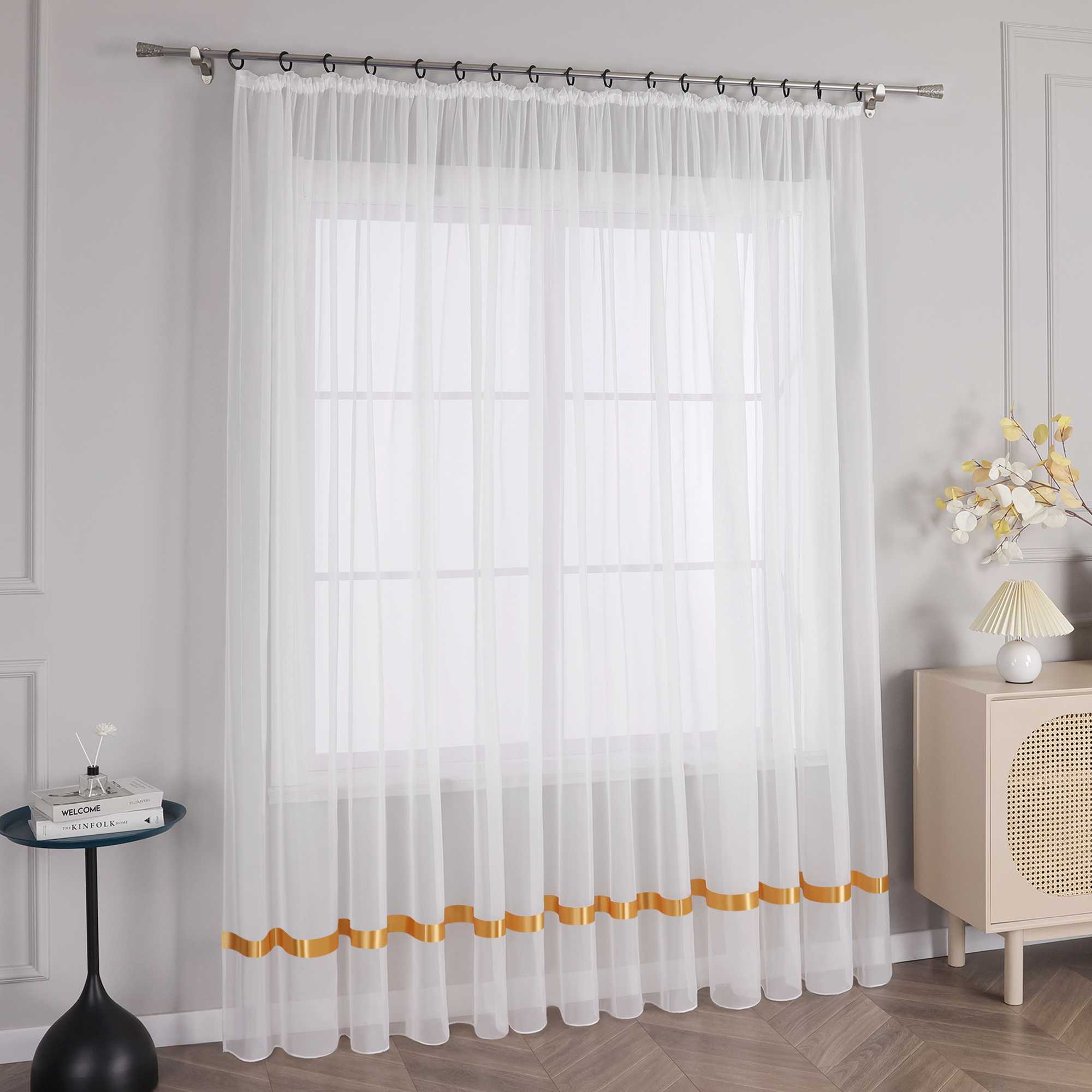 Transparenter Vorhang mit Seidenband Unifarbe Voile 1 Stück