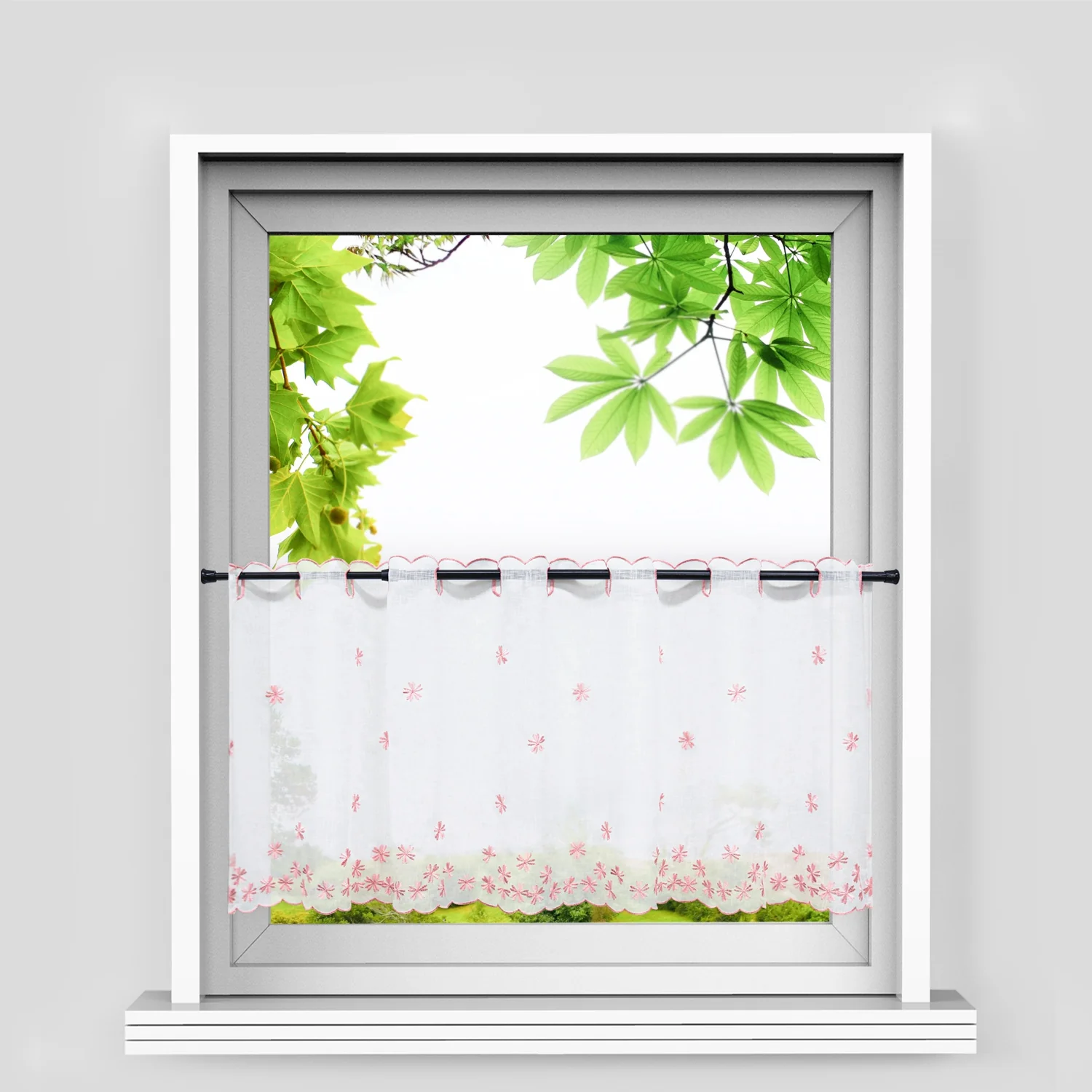 Scheibengardinen mit kleinen Blumenmuster Stickerei im Landhausstil