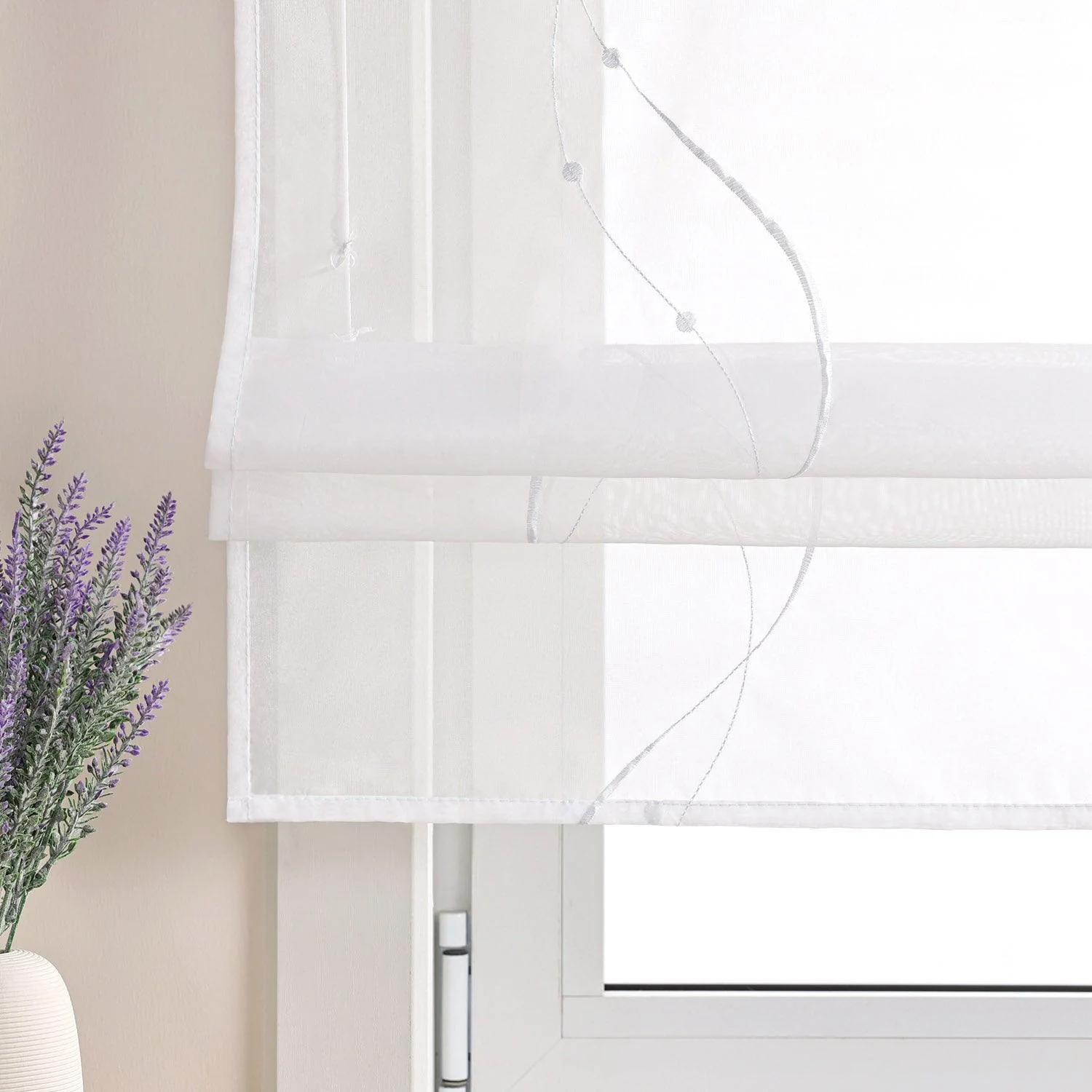 Raffrollo mit Klettband Küche Gardinen Raffgardinen Voile Bändchenrollo mit Wellenperlenmuster Stickerei Transparent 1 Stück