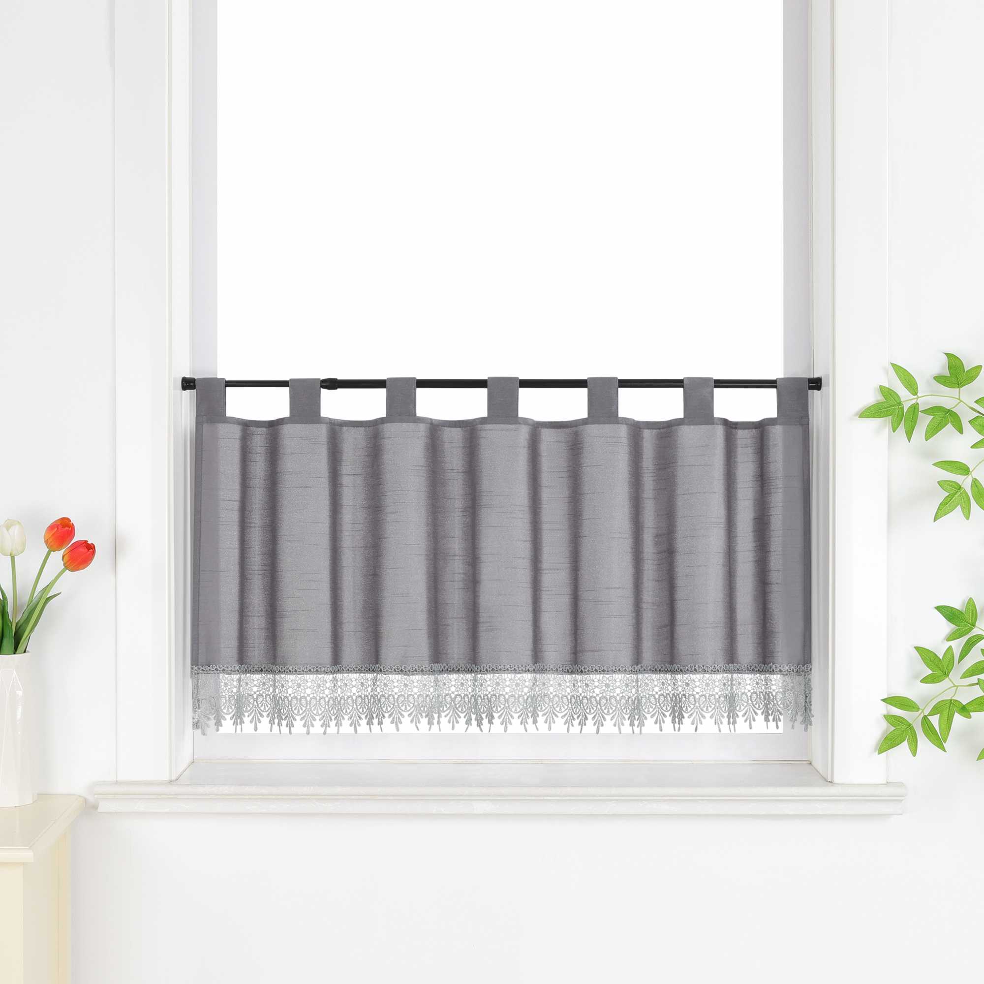 Halbtransparente kurze Gardine modern mit Leinenstruktur und Spitzenborte