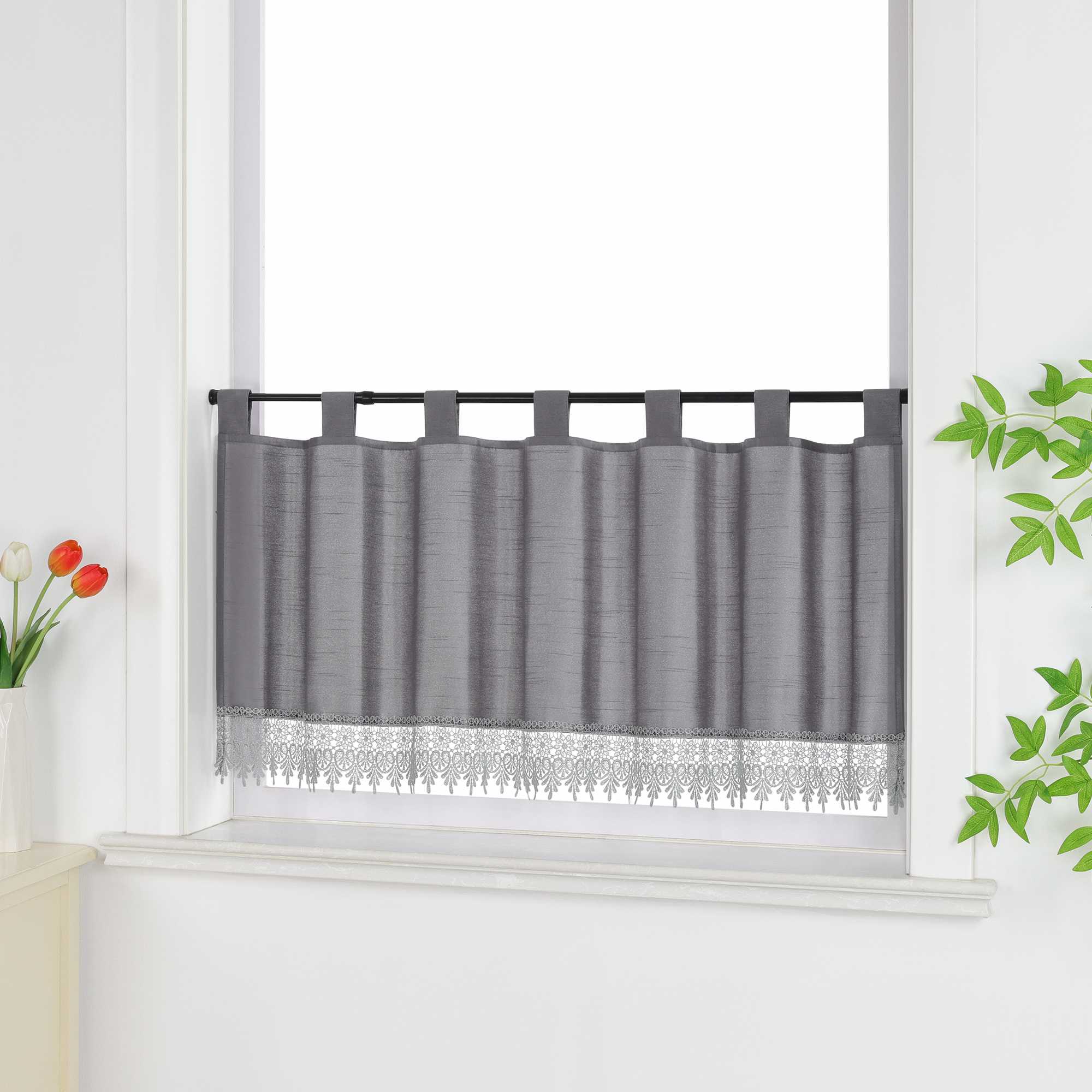 Halbtransparente kurze Gardine modern mit Leinenstruktur und Spitzenborte
