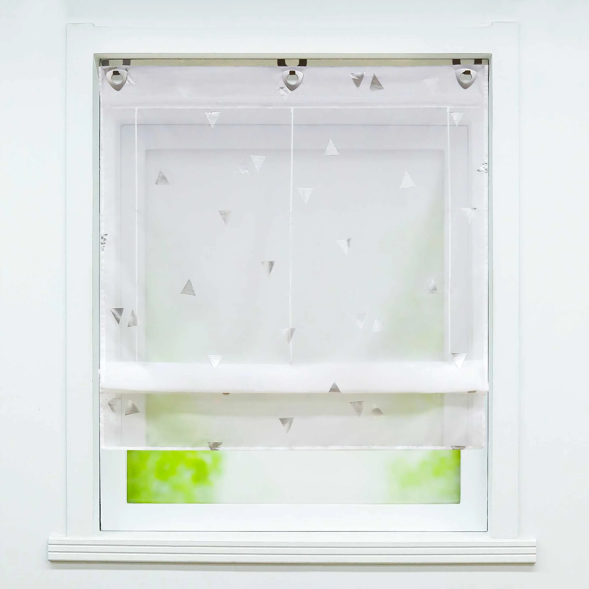 Raffrollo ohne Bohren mit Hakenaufhängung Voile Ösenrollo mit Glanzdruck Fenster Küche Gardinen Transparent Weiß 1 Stück