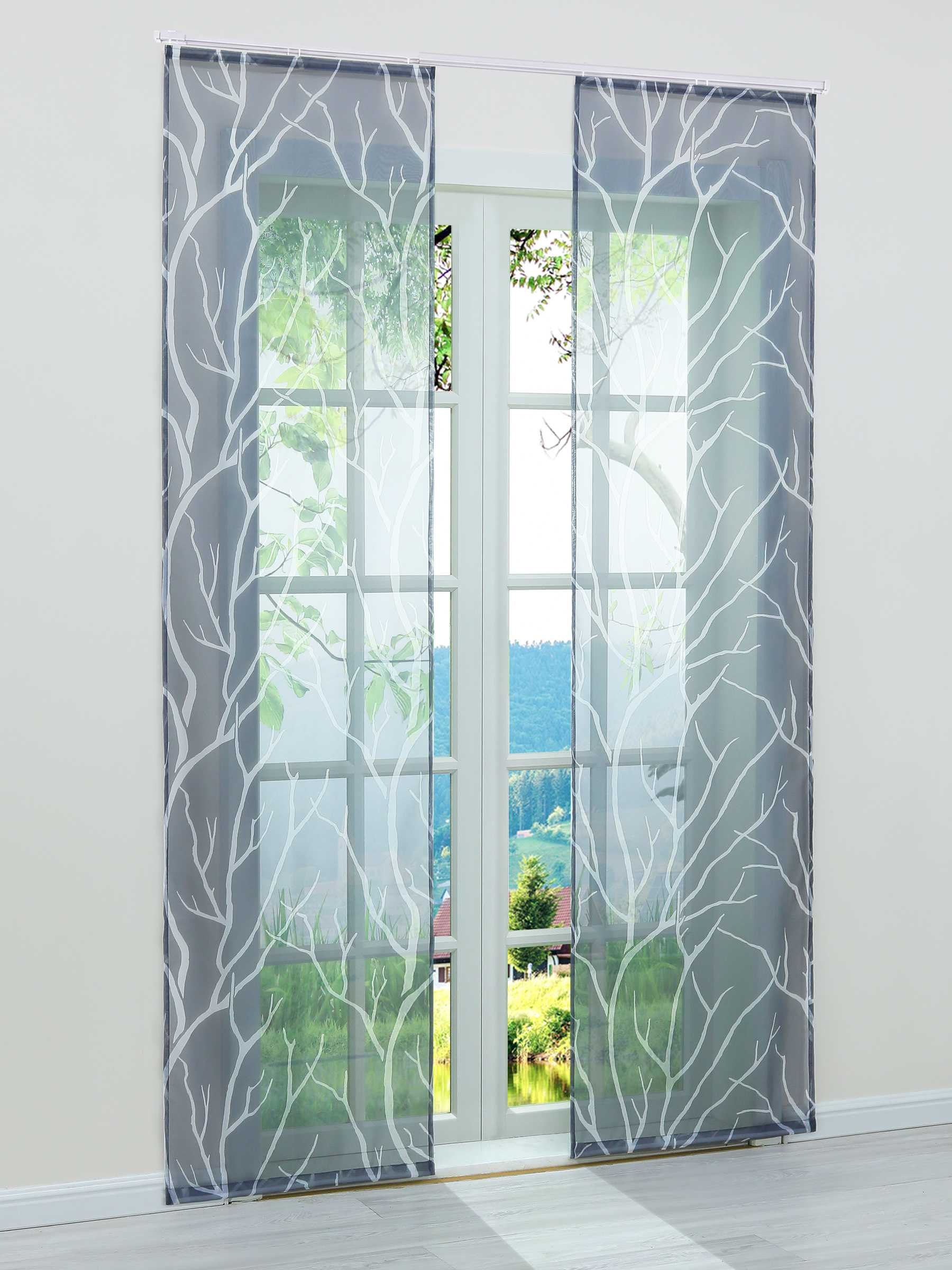 Halbtransparente Schiebegardinen Klettbandschal mit Zweigmuster Lichtdurchlässig 2 er Set