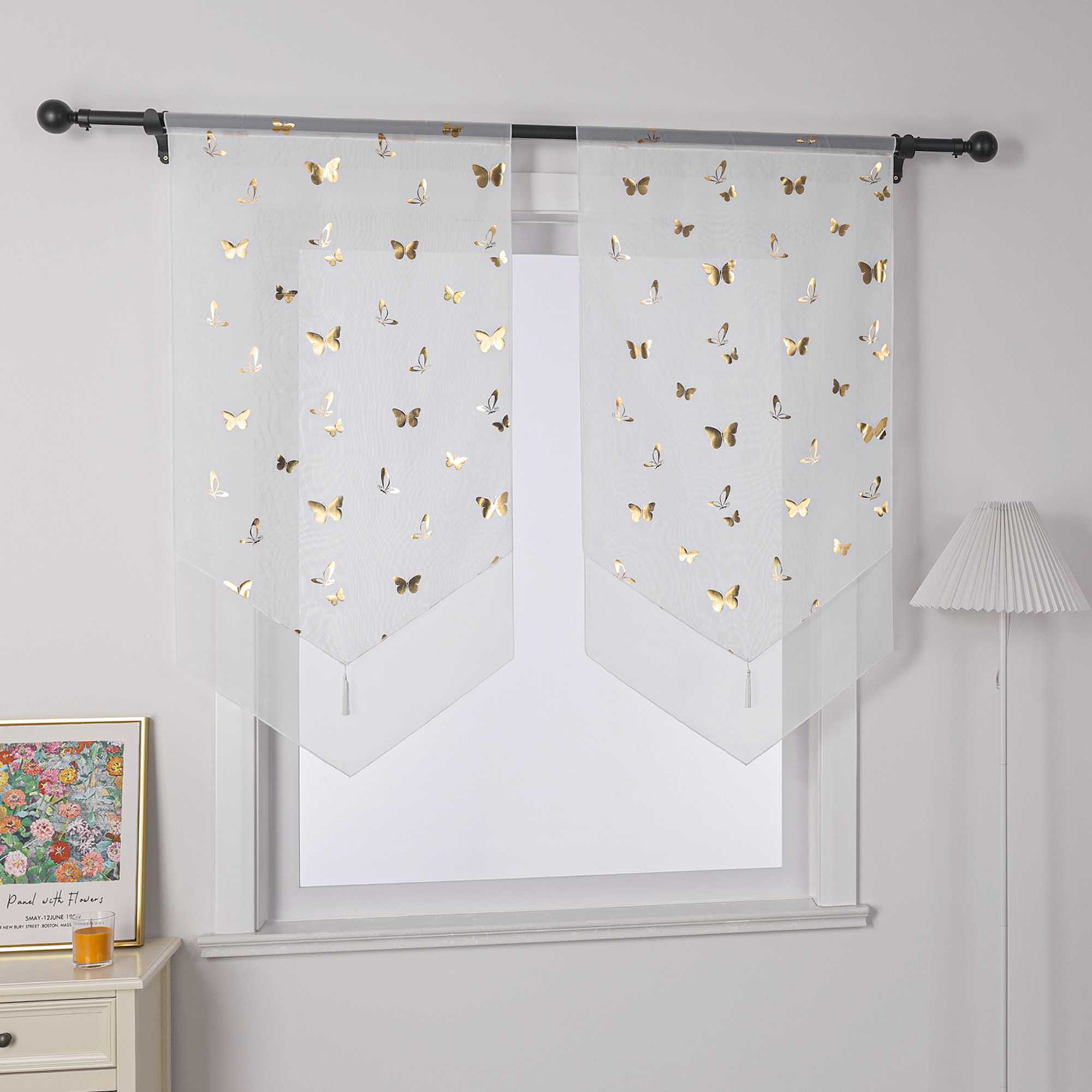 Scheibengardine Bistrogardine mit Schmetterlingsmuster Modern Voile Küche Gardinen Transparent 1 Stück