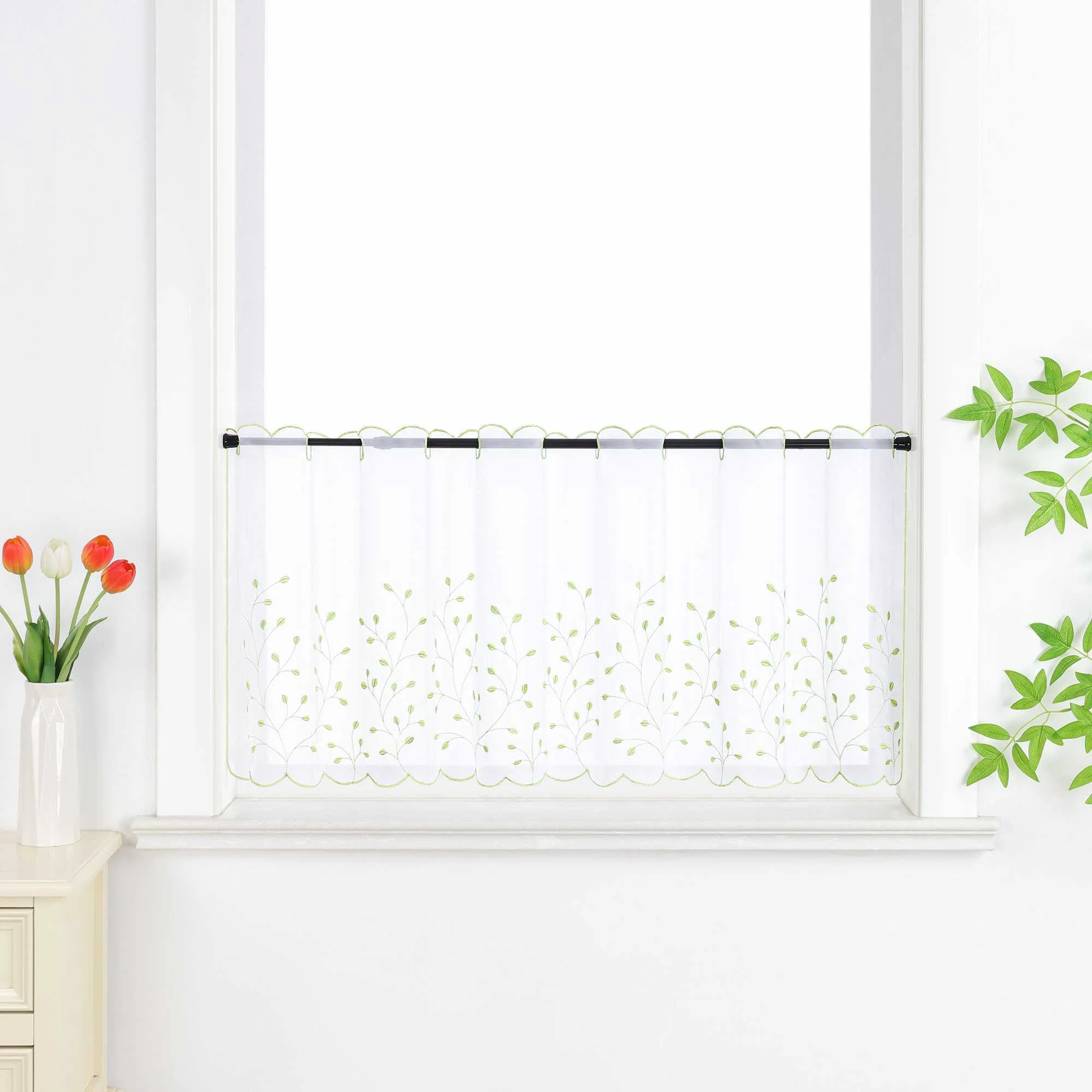 Scheibengardine mit Blumenstickerei Modern Voile Bistrogardine mit Lochleiste Unifarbige Kurzstores Landhausstil Transparent 1 Stück