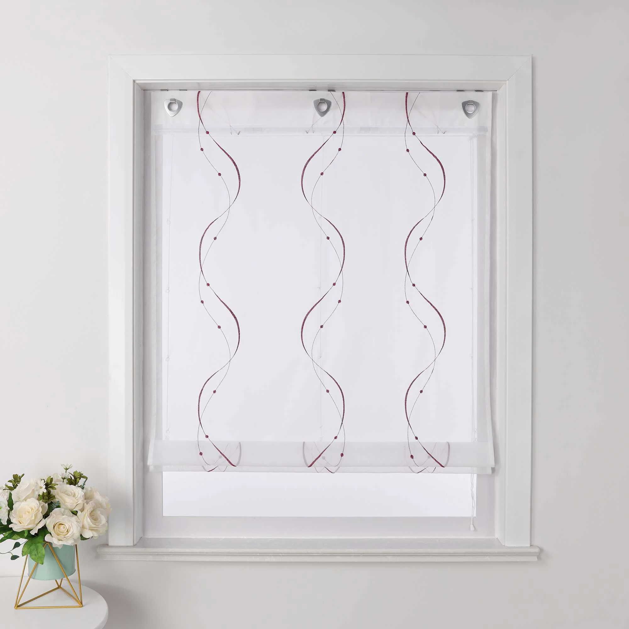 Rollos ohne Bohren Weiß Raffgardine mit Ösen Transparent Gardinen mit U-Haken Ösenrollo Modern Bestickt 1 Stück