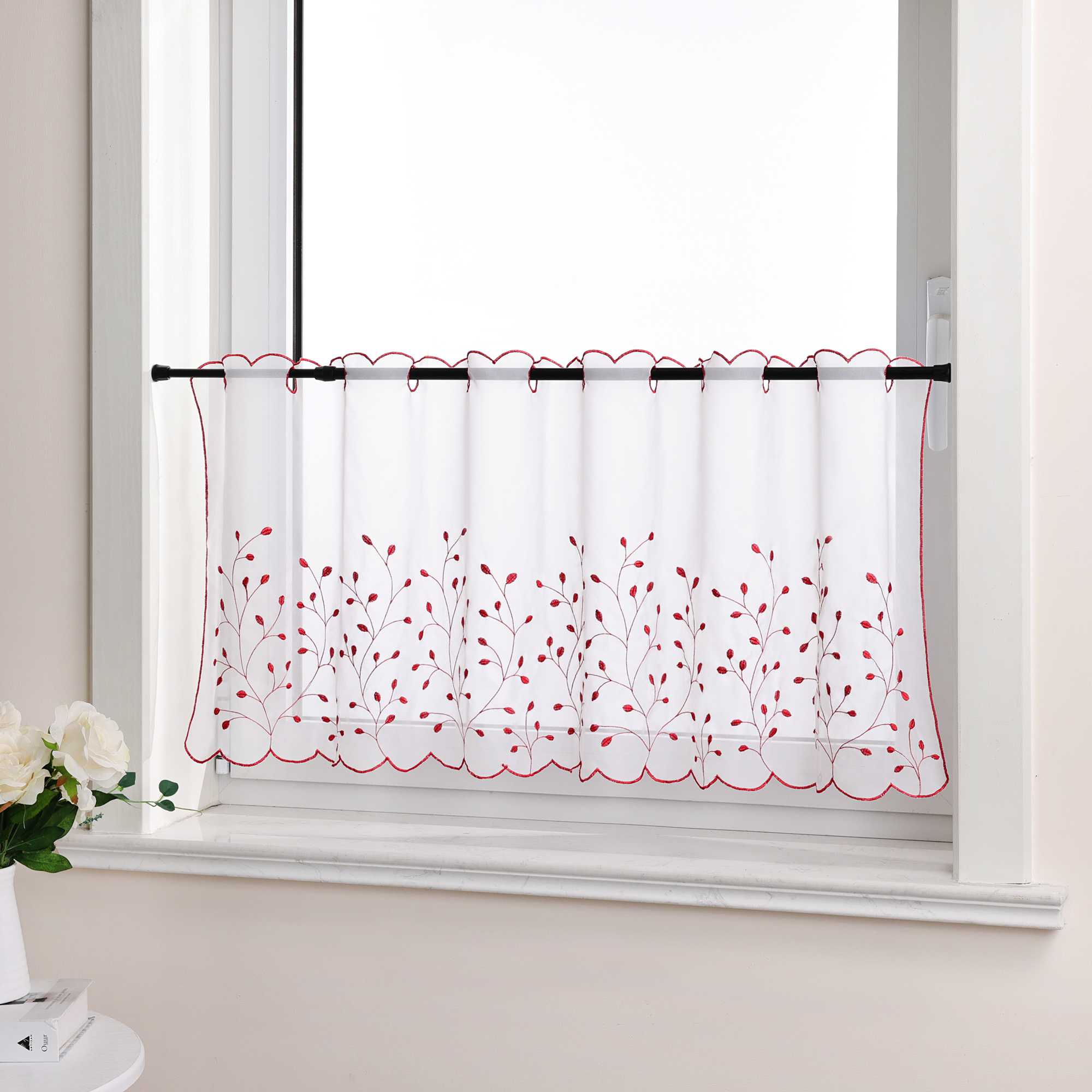 Scheibengardine mit Blumenstickerei Modern Voile Bistrogardine mit Lochleiste Unifarbige Kurzstores Landhausstil Transparent 1 Stück