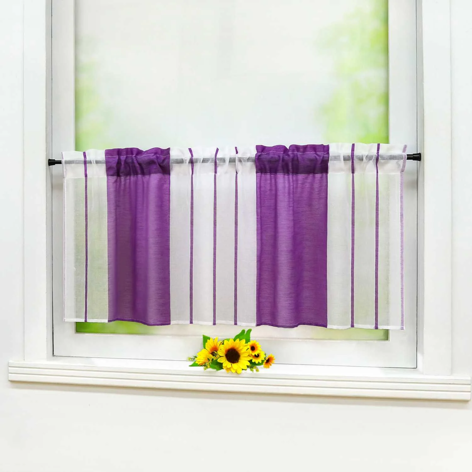 Scheibengardine durch Stangendurchzug zusammenziehbar weiße Streifenmuster halbtransparent 1 Stück
