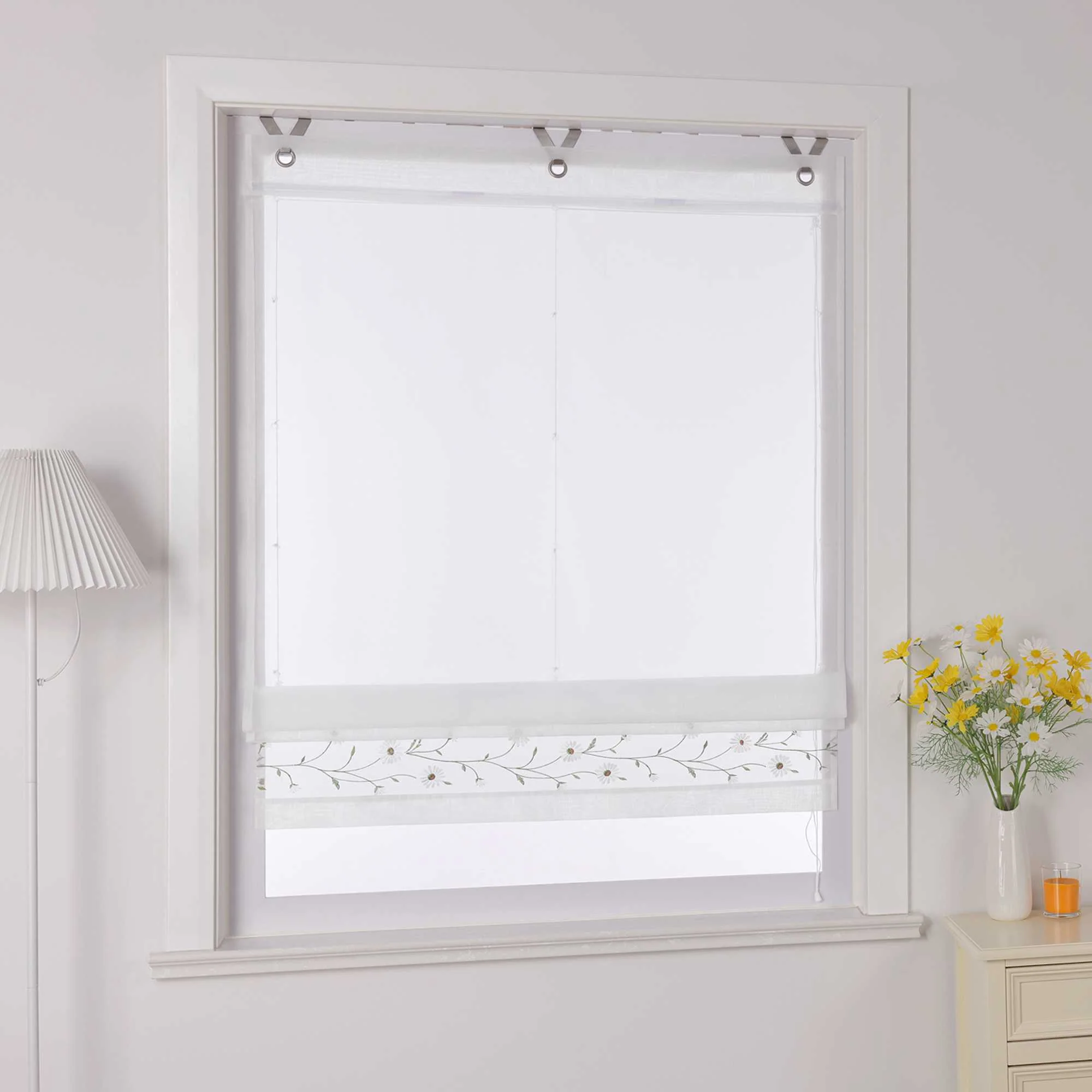 Raffrollo Voile Raffgardinen mit Schlaufen Küche Fenster Vorhänge mit Blumenmuster Stickerei Transparent Weiß 1 Stück