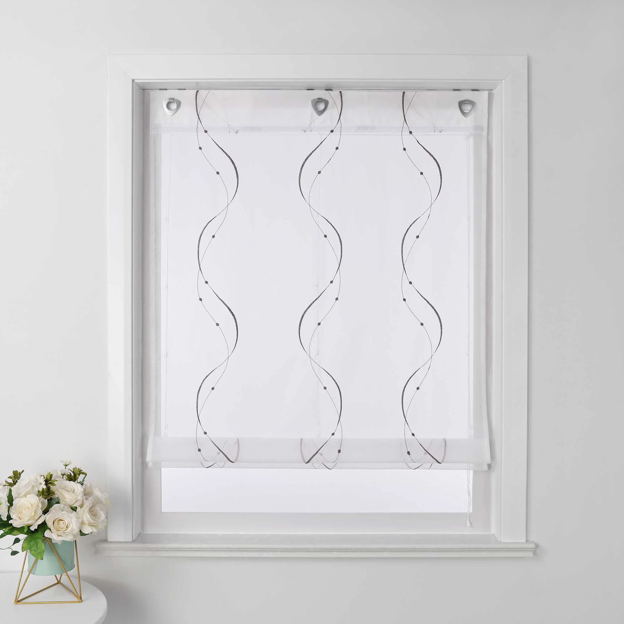 Rollos ohne Bohren Weiß Raffgardine mit Ösen Transparent Gardinen mit U-Haken Ösenrollo Modern Bestickt 1 Stück