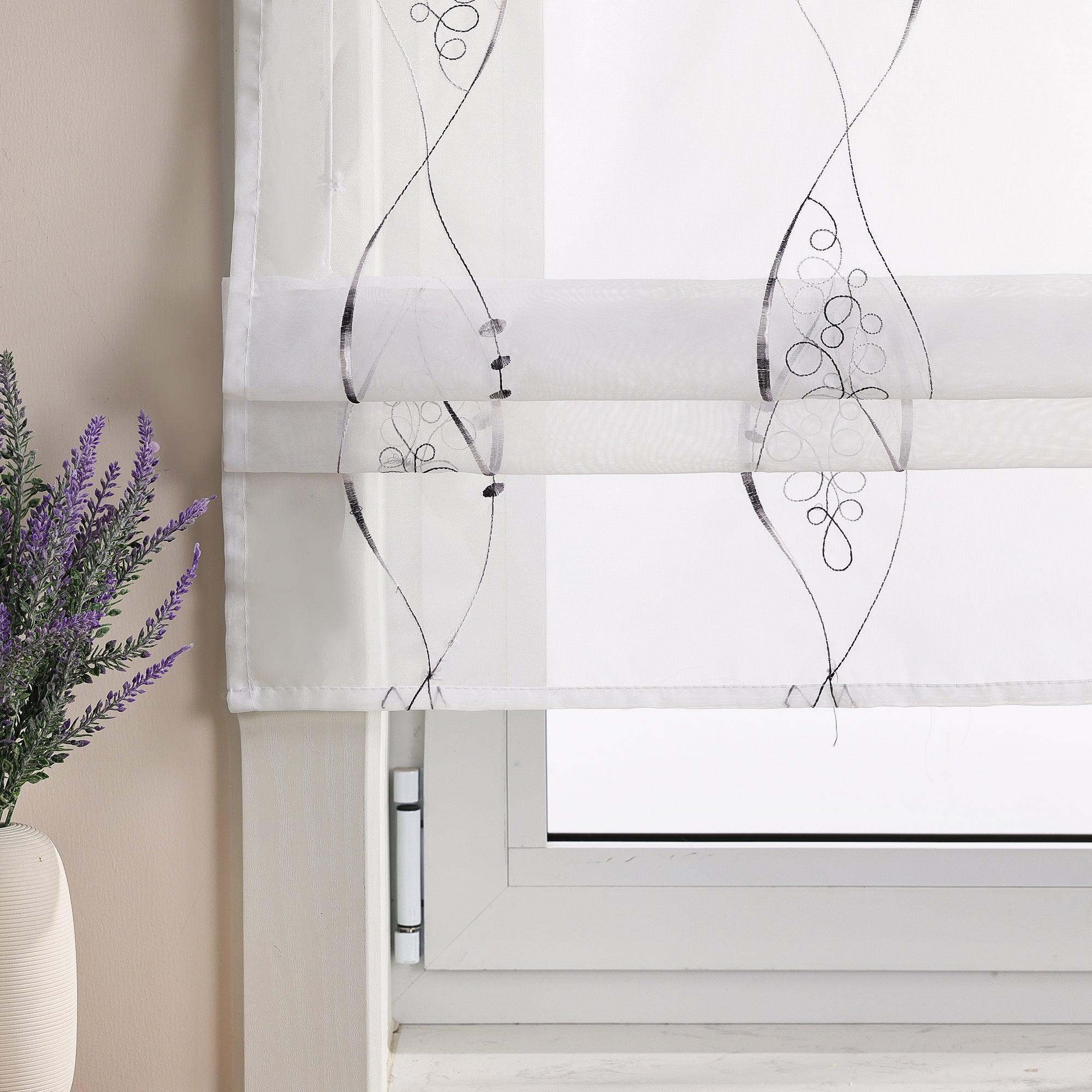 Raffrollo mit Schlaufen Voile Raffgardinen Modern Bestickt Vorhänge Bändchenrollo mit Linienmuster-Stickerei Transparent Weiß 1 Stück