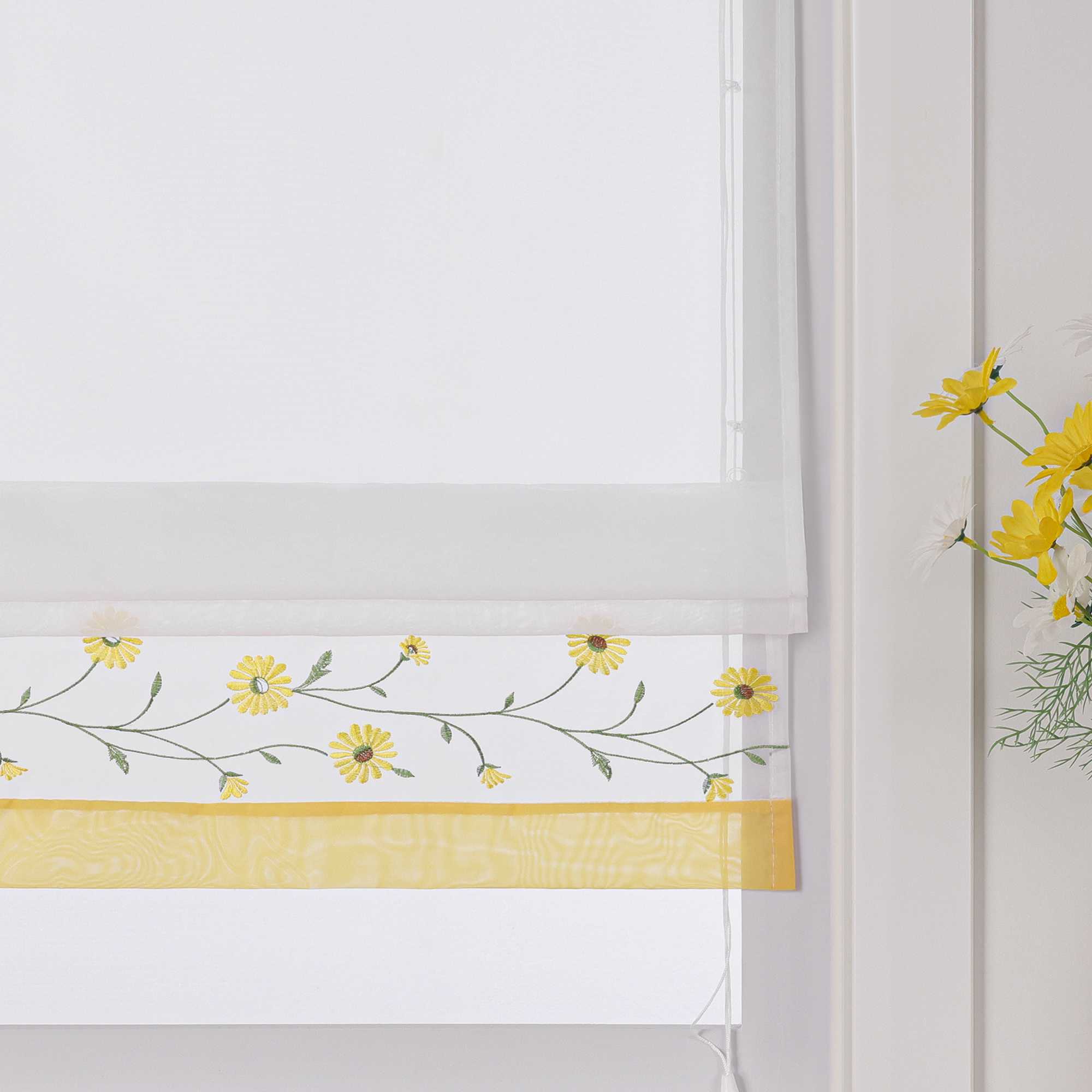 Raffrollo Voile Raffgardinen mit Schlaufen Küche Fenster Vorhänge mit Blumenmuster Stickerei Transparent Weiß 1 Stück