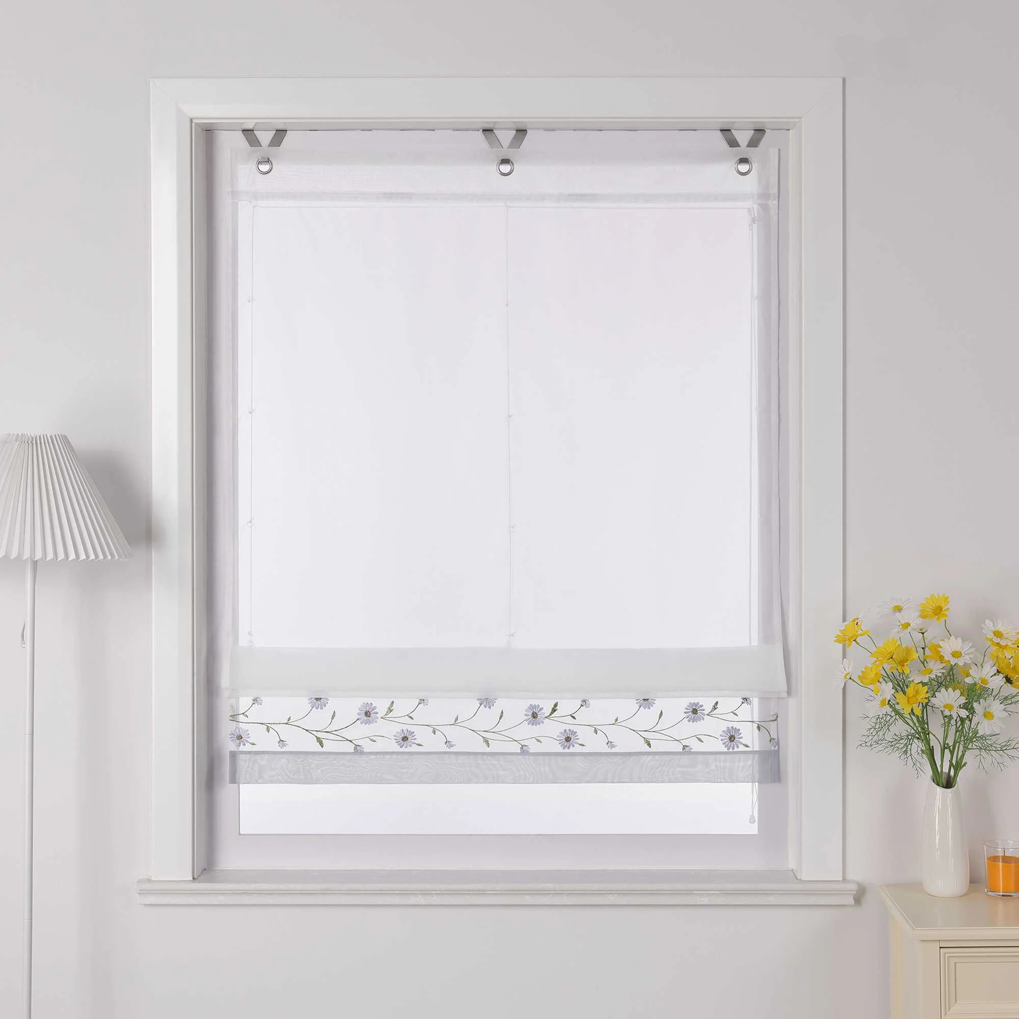 Raffrollo Voile Raffgardinen mit Schlaufen Küche Fenster Vorhänge mit Blumenmuster Stickerei Transparent Weiß 1 Stück