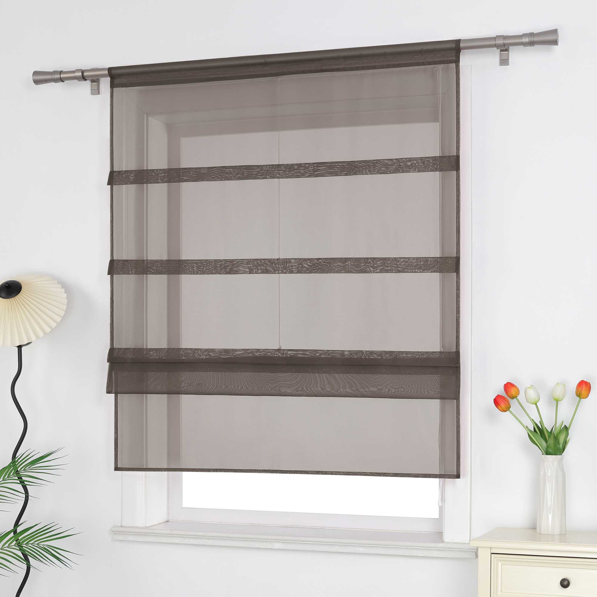 Raffrollo Voile Raffgardinen durch Tunnelzug Bändchenrollo Küche Gardinen Transparent Uni 1 Stück