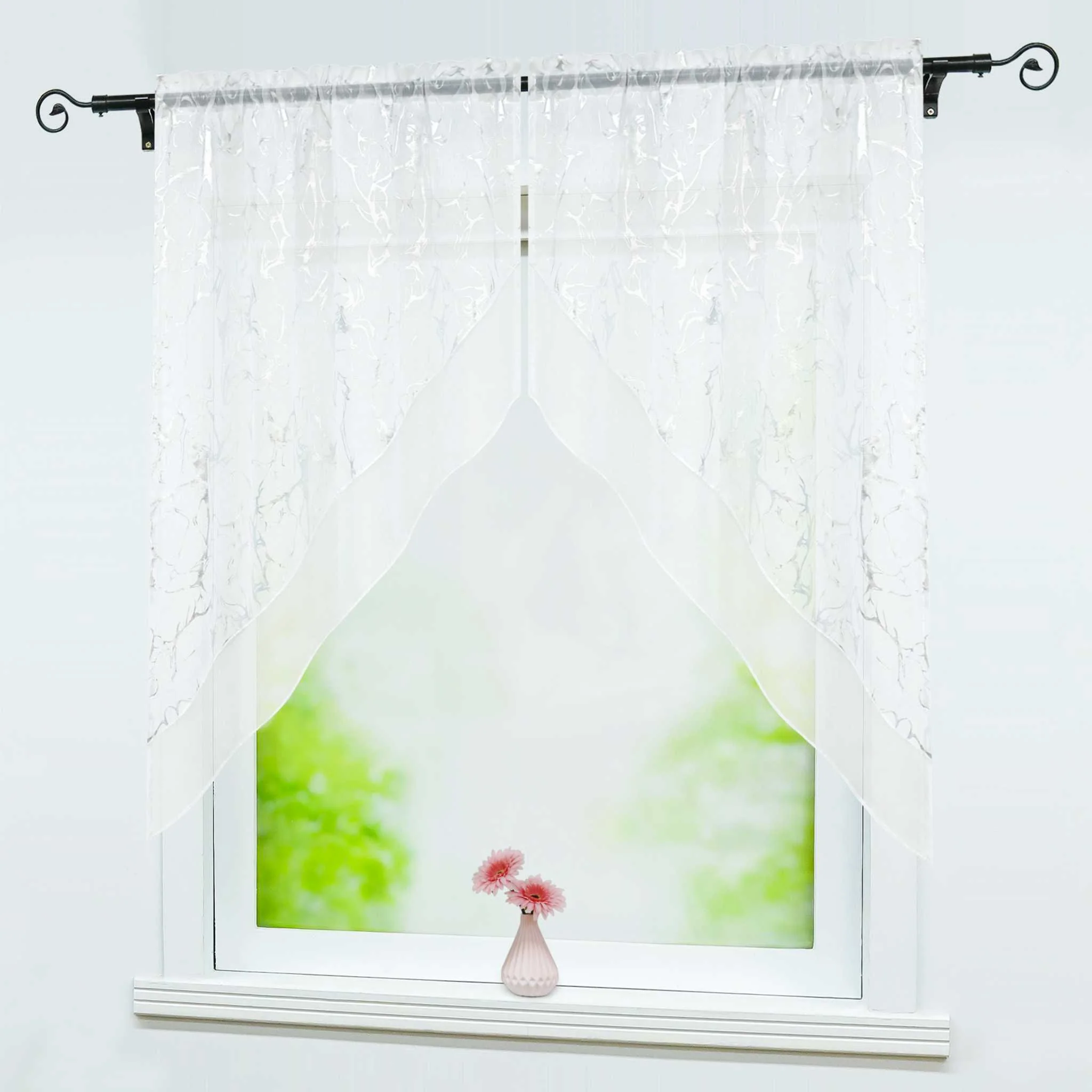 Scheibengardine durch Stangendurchzug doppelschichtige Küchengardinen mit silbernem Marmormuster 2er Set