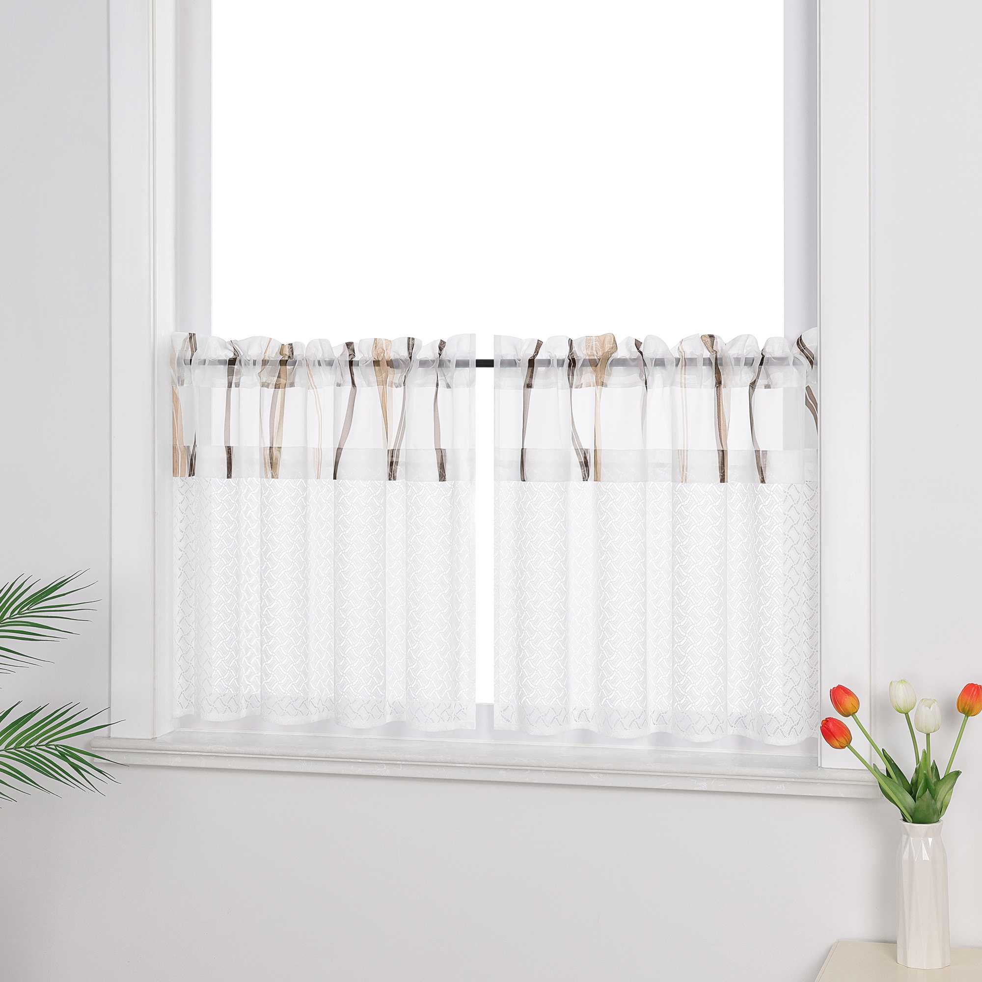 Scheibengardinen mit feinem Linienmuster transparent und luftig 2er Set | Perfekt für Küche