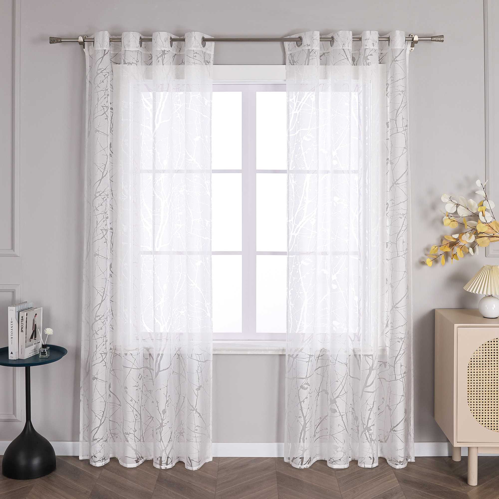 Transparente Vorhang mit Blumenmuster aus Polyester Lichtdurchlässig Wohnzimmer weiß 1 stück